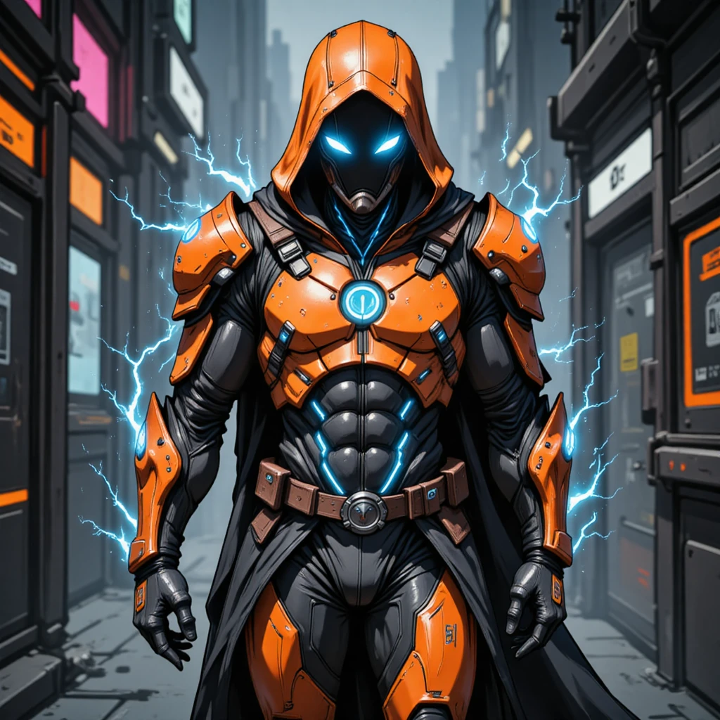 oren-bot-mmxxiv,  a digital illustration in a stylized  futuristic cyberpunk art style. The subject is a humanoid figure  likely a soldier or mercenary  dressed in high-tech  orange and black armor with glowing blue accents. The armor features a hooded cloak that drapes over the figure's head  with the hood pulled up  obscuring the face  except for the glowing blue visor that covers the eyes  giving a robotic or cybernetic appearance. The visor's glow casts a bright  ethereal light on the armor  highlighting the intricate details and textures.