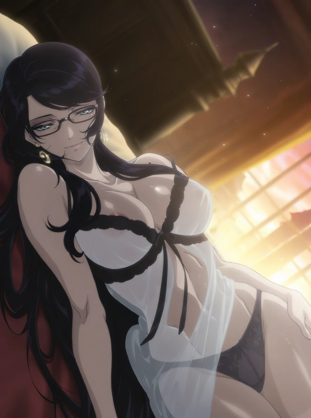 masterpiece, best quality, amazing quality, very aesthetic, absurdres, newest, scenery,  anime screencap   <lora:Bayonetta_Bloody_Fate:1> bayofate, black hair, (very long hair:1.3), glasses,  large breasts, bangs, grey eyes, mole under eye, earrings, mole, mole under mouth,dark purple lingerie, underwear, panties, room , on bed, see-through, cowboy shot, lying, bare shoulders, backlighting, bloom, blue reflection, dutch angle, full body, white babydoll, half-closed eyes, off shoulder, (shiny skin:1.2), looking at viewer, light smile, light particles, castle, on back, from above, areola slip,