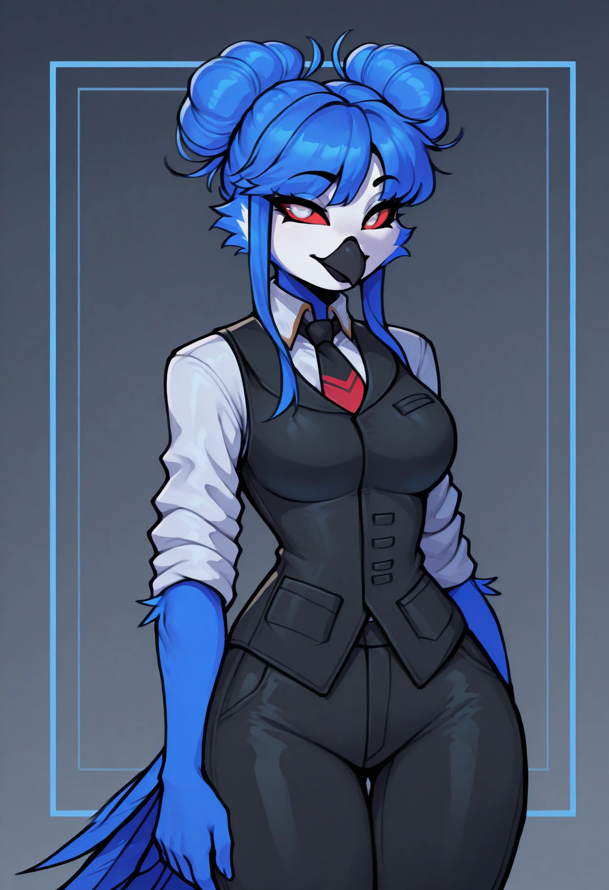 (beautiful, masterpiece, detailed), cowboy shot, 1girl, solo, k1sh1r0, female anthro bird, furry bird, furry owl, avian, medium breasts, blue feathers, blue hair, hair buns, double buns, bangs, black beak, white face, red sclera, white eyes, white shirt, black vest, rolled up sleeves, necktie, black trousers, bird tail