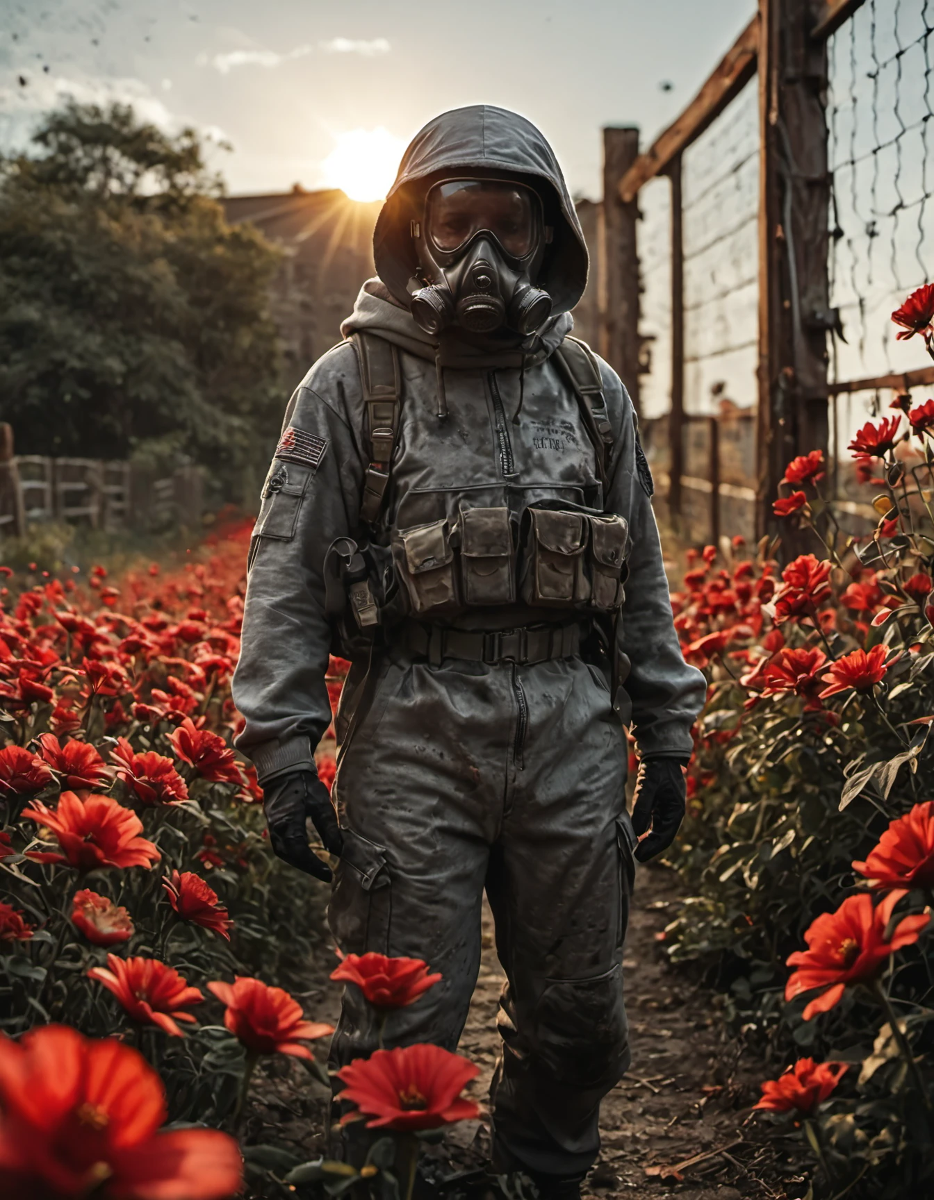 gas mask, combat suit, hoodie, science fiction, from below, dutch angle, (dirty:0.5), hot rippling air, 
. (red flowers:1.3), old lumber cottages, wooden fence wind,
.(shot on Beier Beirette, kodak porta, cinestill 800, (film grain:1.2), by Norman Parkinson:1.3), (muted colors, desaturated, chromatic aberration, blurry) , candid photo, vignetting, sun, shadows, (kachak:0.5), .score_9, score_8_up, score_7_up, score_6_up, rating_explicit