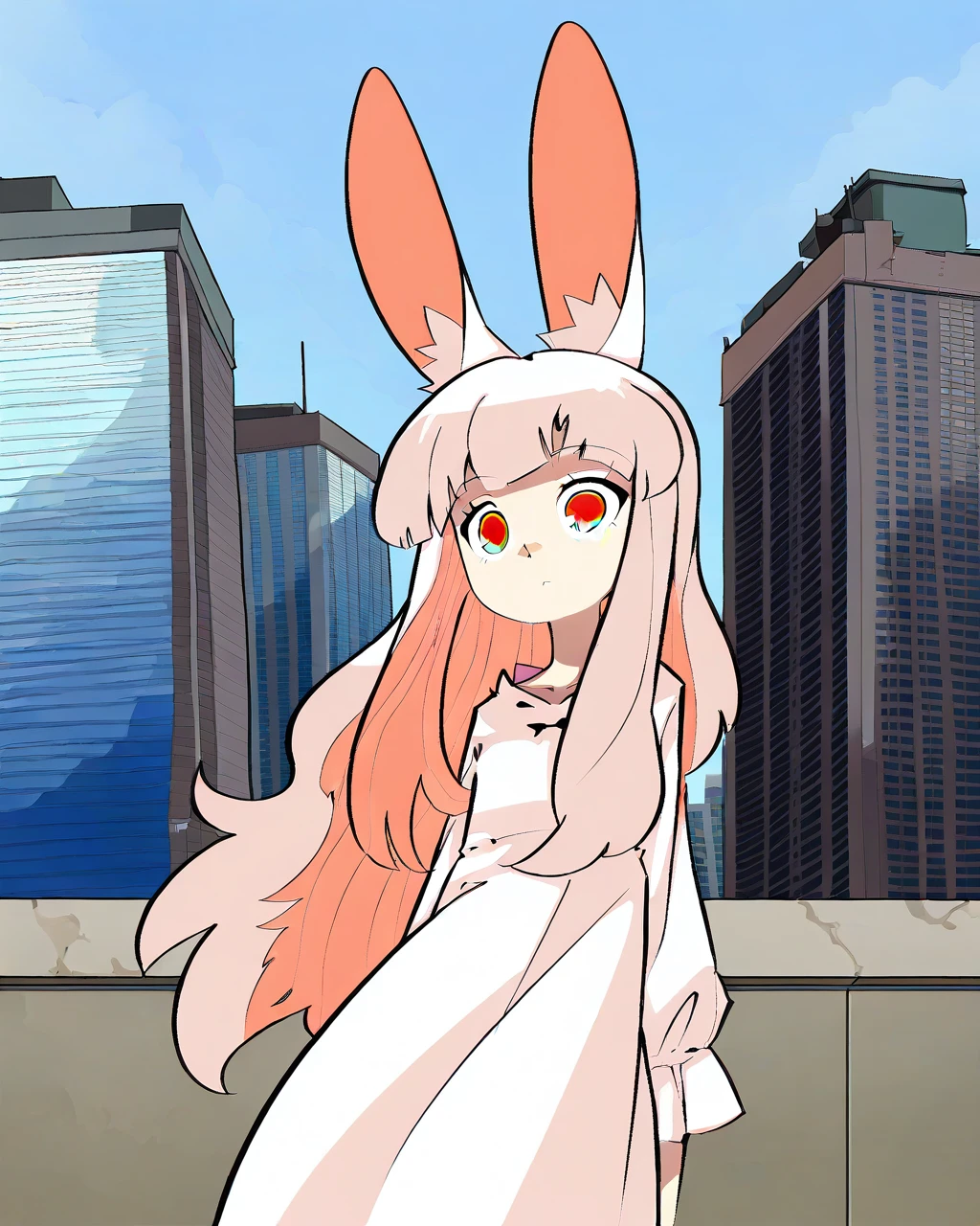 masterpiece, best quality, bldmn, 1girl, solo, mrgrl, rabbit ears, white hair, white dress, expressionless, wide-eyed, standing, cowbow shot, city, day 