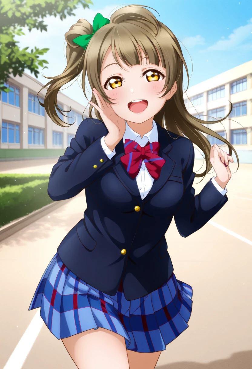 masterpiece, best quality, 1girl, solo, cowboy shot, <lora:ill_lv_kotori:1>, lovelive_kotori, cowboy shot, black blazer, blue plaid skirt, red stripe bowtie, breasts, grayish brown hair, green hair bow, bangs, one side up, long hair, amber eyes, looking at viewer, open mouth, laughing, school, outdoor