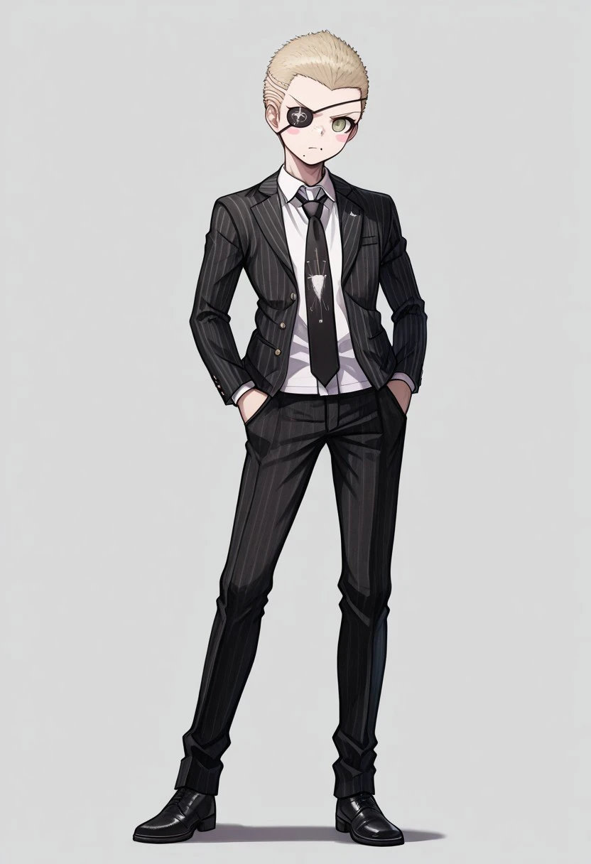 masterpiece, best quality, 

Fuyuhiko, 1boy, male focus, solo, green eyes, eyepatch, blonde hair, very short hair, blush stickers, freckles, mole, mole under mouth, formal, shirt, white shirt, collared shirt, necktie, black necktie, jacket, black jacket, open jacket, open clothes, striped jacket, stripes, vertical stripes, pants, black pants, striped pants, shoes, black footwear,

indoor