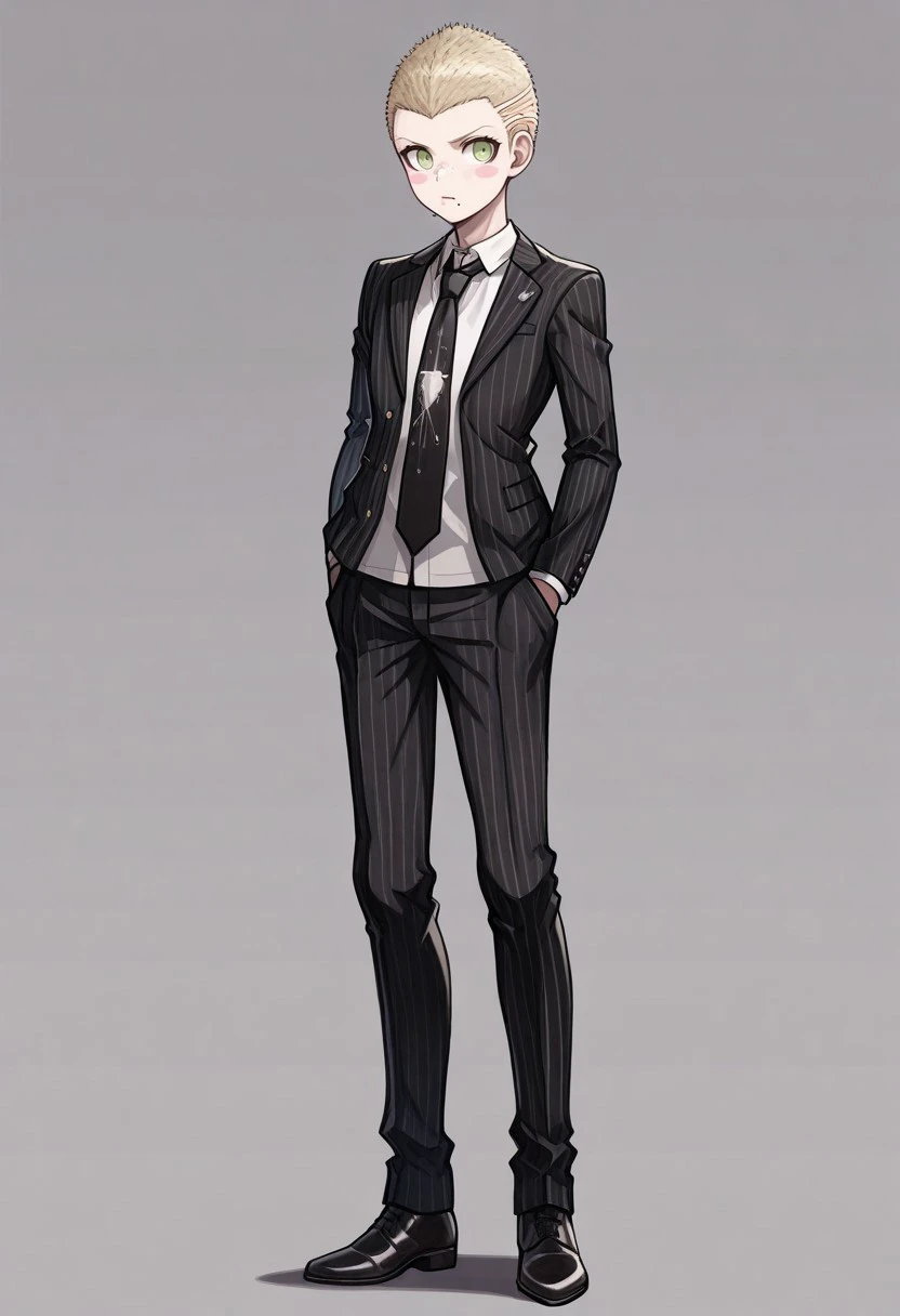 masterpiece, best quality, 

Fuyuhiko, 1boy, male focus, solo, green eyes, blonde hair, very short hair, blush stickers, freckles, mole, mole under mouth, formal, shirt, white shirt, collared shirt, necktie, black necktie, jacket, black jacket, open jacket, open clothes, striped jacket, stripes, vertical stripes, pants, black pants, striped pants, shoes, black footwear,

indoor