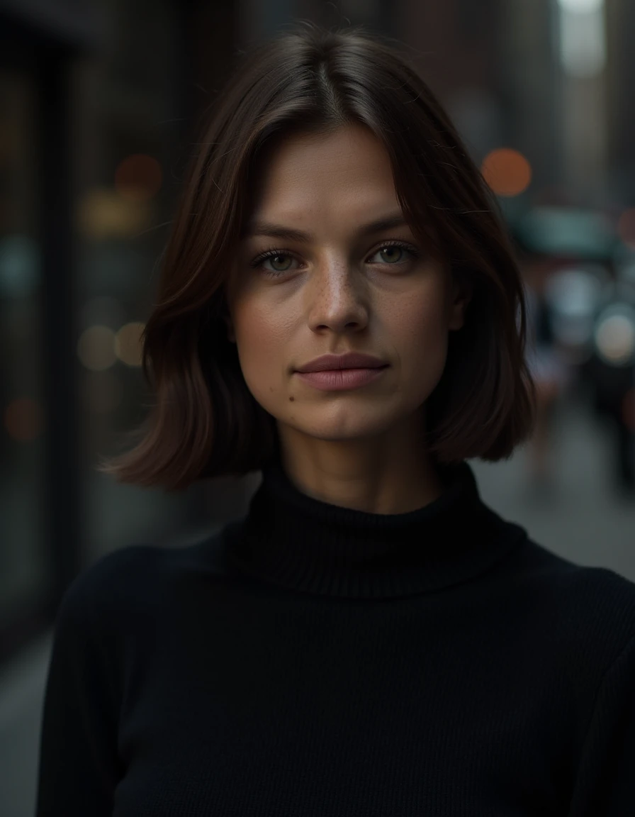 Close-up portrait of a woman in a turtle neck sweater, eyes locked on the camera, moody dim lighting, subtle shadows on her face, blurred cityscape behind her, realistic, detailed. <lora:nadine_leopoid_dev_f1_k:1>