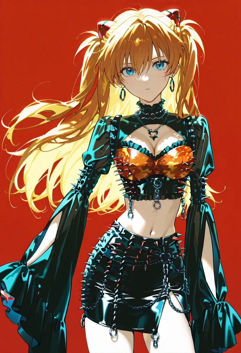 1girl,solo,looking at viewer,konya_karasue,y2k crop top, wide sleeves, skirt, spikes, frills, skirt, jewelry, necklace, midriff,souryuu_asuka_langley