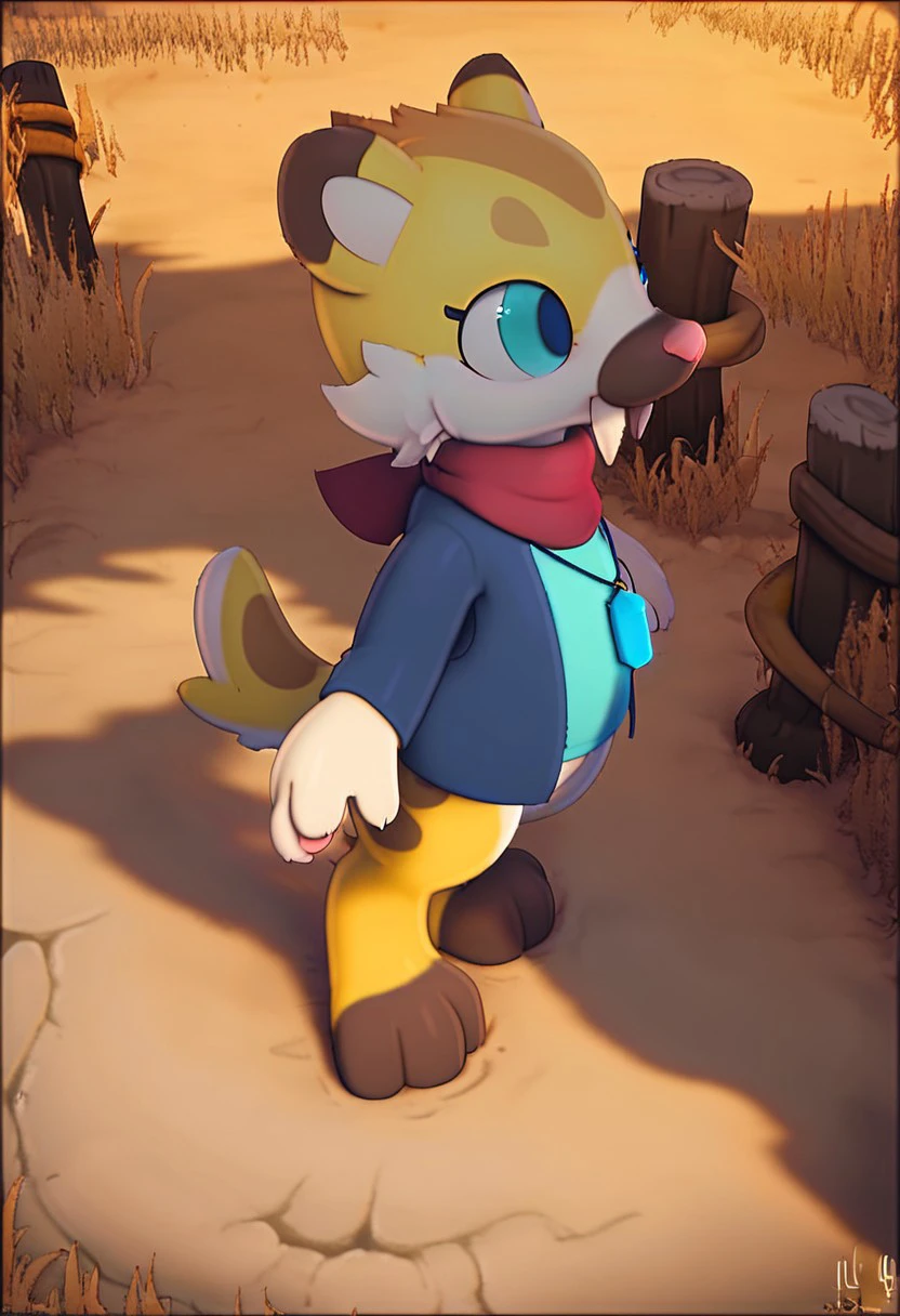 score_9_up, score_8_up, score_7_up, solo focus, full body, dynamic angle, hazel, sabertooth, female, smilodon, yellow skin, blue eyes, furry, 4 fingers, 3 toes, red scarf, necklace, dark blue jacket, blue t-shirt, source_furry, anatomically correct, outside, at a graveyard, tombstones,<lora:lowlight:.4>, day, desert, <lora:Style-Lora_Vader-san:0.60>, \(Vader-san\), oytv