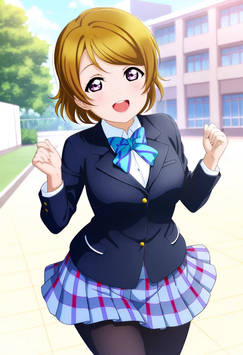 masterpiece, best quality, 1girl, solo, cowboy shot, <lora:ill_lv_hanayo:1>, lovelive_hanayo, cowboy shot, black blazer, blue plaid skirt, blue bowtie, black pantyhose, large breasts, brown hair, swept bangs, short hair, purple eyes, looking at viewer, smile, open mouth, school, outdoor, dynamic pose