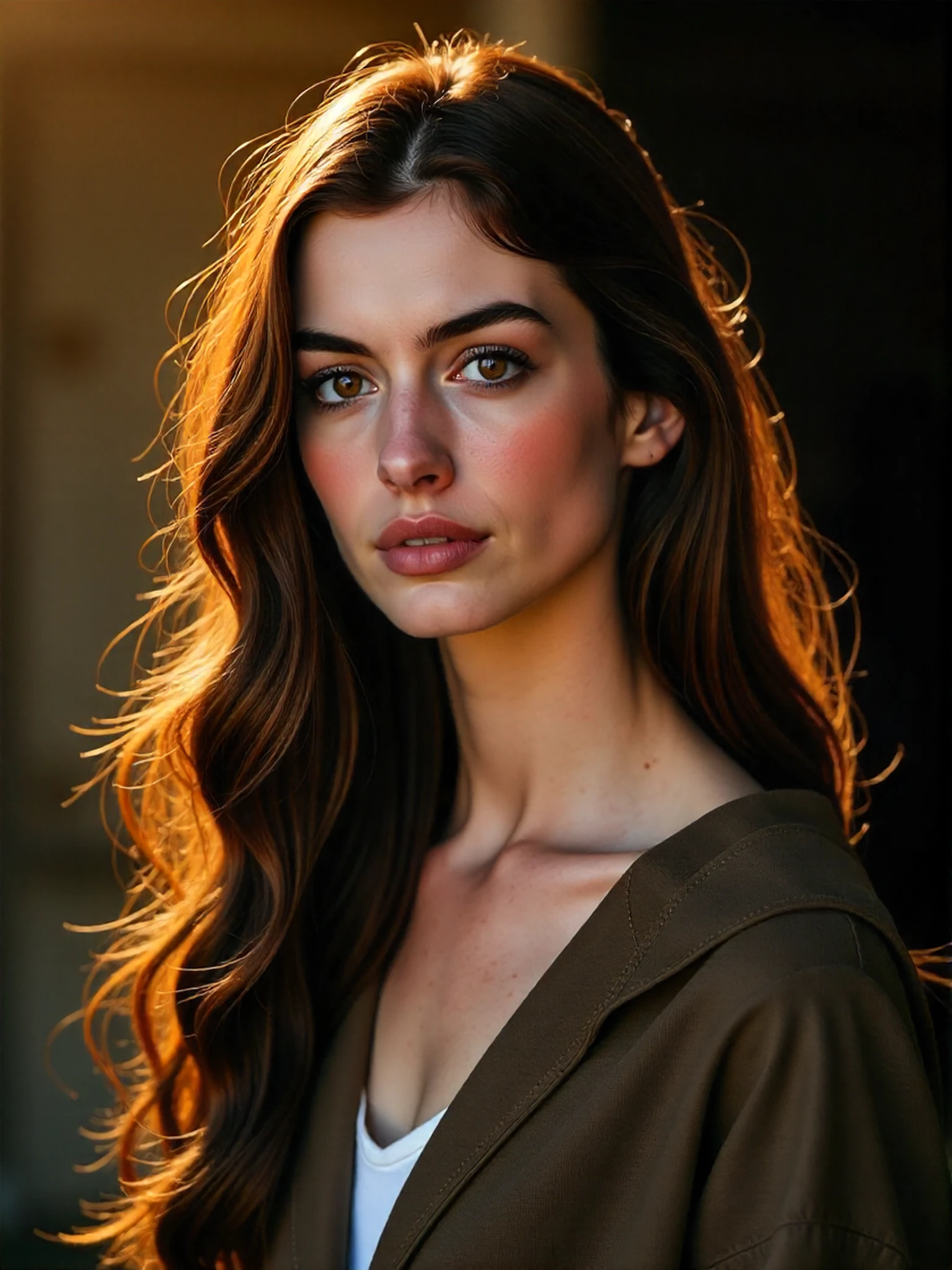 <lora:Anne_Hathaway_2010:1> woman, looking directly at the viewer, looking directly at the camera, making eye contact, looking straight ahead, modest clothes, modest apparel, chest covered, modesty <lora:zz_s_Chest_Size_Slider:-2>, photo, long wavy hair, glow effects, god rays, cinematic, sharp focus, big depth of field, masterpiece, colors, 4k, hyper realistic, vivid colors, extremely detailed, 8k wallpaper, Intricate, High Detail, dramatic.