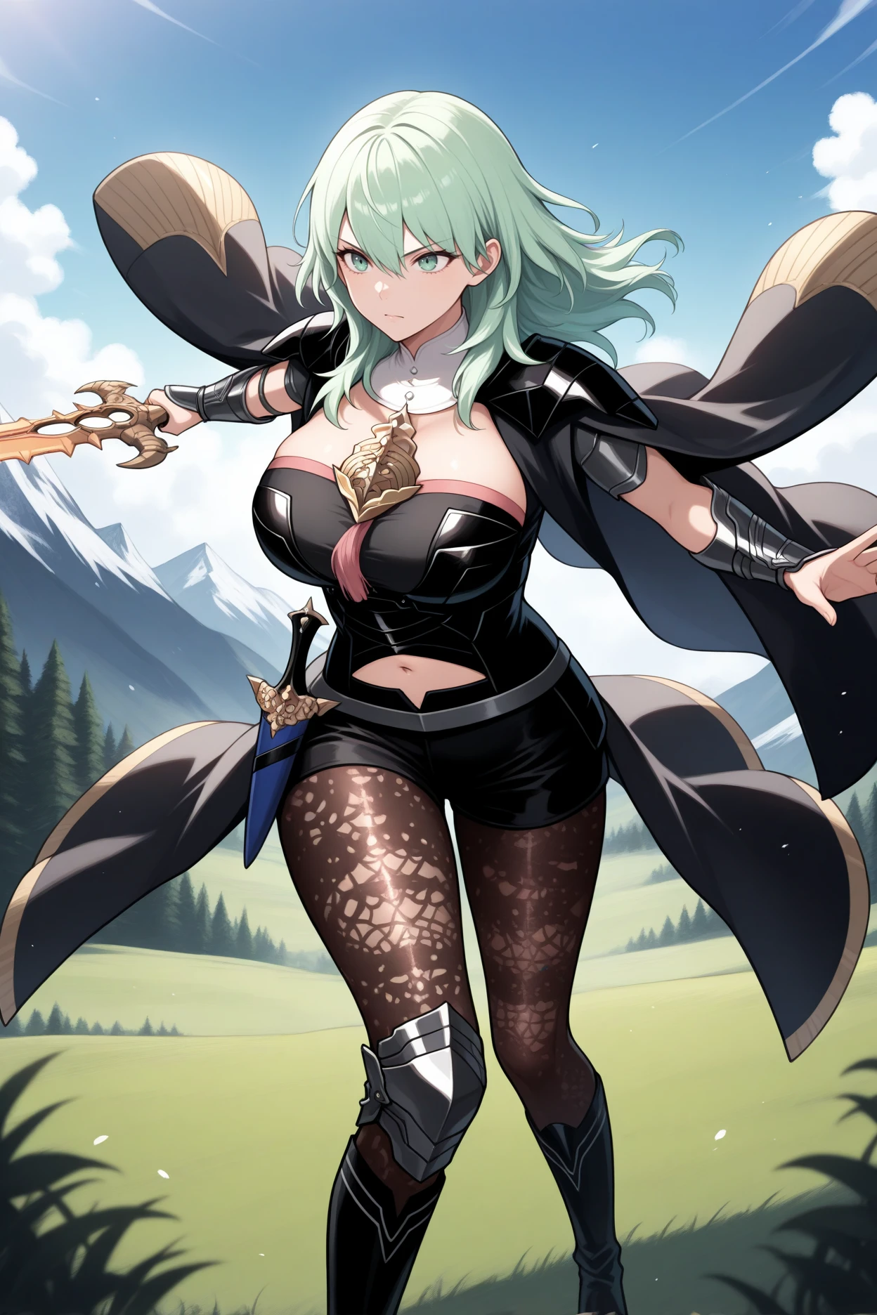 masterpiece, best quality, 1girl, solo, <lora:febyleth-illu-nvwls-v1-000006:1> dfblth, light green hair, green eyes, long hair, hair between eyes, black cape, black armor, shoulder armor, black bustier, detached collar, pendant, tassel, navel cutout, black shorts, short shorts, sheathed dagger, waist cape, armlet, vambraces, patterned pantyhose, single knee pad, black boots, big breasts, holding sword, sword, blue sky, field, mountains, serious, forest, full body, attacking, incoming attack