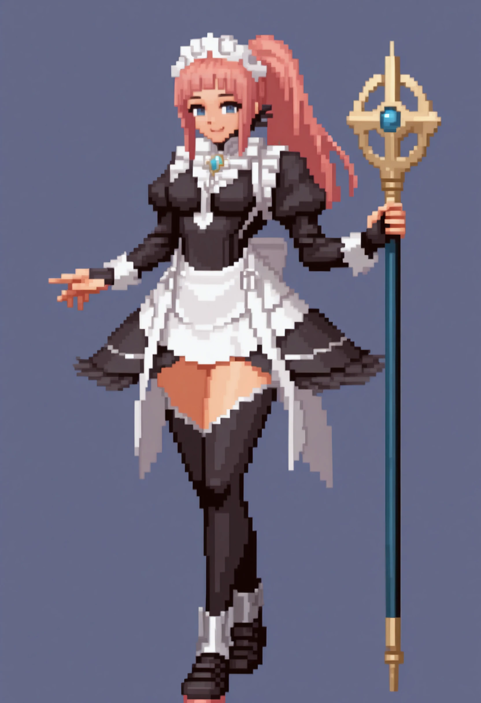 masterpiece, best quality, solo, 1girl, smile, looking at viewer,  <lora:NeoGeo-Sprites-illus_Fp:1>, full body, simple background, pixel art, <lora:felicia-fe-richy-v1_ixl:1>, f1cdf, blue eyes, pink hair, long hair, ponytail, sidelocks, blunt bangs, maid headdress, black feathered collar, blue brooch, medium breasts, maid, juliet sleeves, maid apron, bridal gauntlets, black thighhighs, thighs, holding staff,