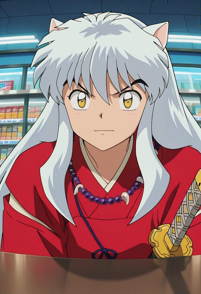 masterpiece, best quality, , anime screencap, anime coloring, official style, , , 1boy, solo, male focus, <lora:inuyasha_ilxl:1>, inuyasha, white hair, yellow eyes, animal ears, dog ears, long hair, necklace, jewelry, weapon, sword, katana, , , , rule of thirds, store, convenience store, dawn, the pose, wavy mouth,