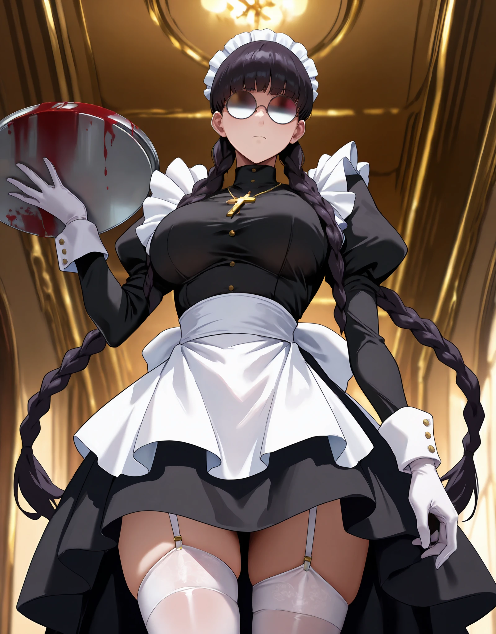 masterpiece, illustration, anime, CG, 4K, ultra-detailed,
<lora:RobertaIllustV1:0.85>
1girl, Roberta, round eyewear, opaque glasses, maid headdress, twin braids , cross necklace, white gloves, white thighhighs, garter straps, maid apron,black dress, puffy sleeves
holding tray, blood on tray, looking at viewer,  expressionless,