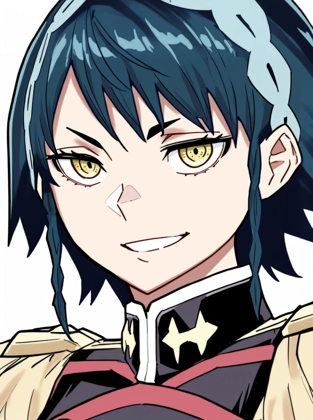 masterpiece,best quality,mature female,
<lora:azuma_tobera:1>,azuma_tobera,tobera_uniform,1girl,(portrait),looking at viewer,upper body,yellow eyes,