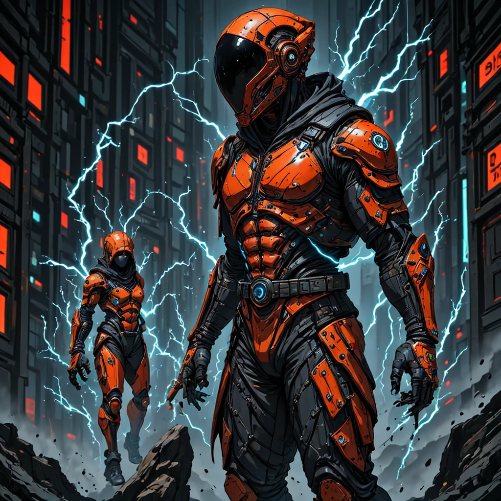 A CGI rogue assassin in glowing orange armor, contrasted with electric blue energy lines pulsing through their suit. The complementary color scheme emphasizes their agile and menacing presence in a dimly lit, futuristic setting.,oren-bot-mmxxiv