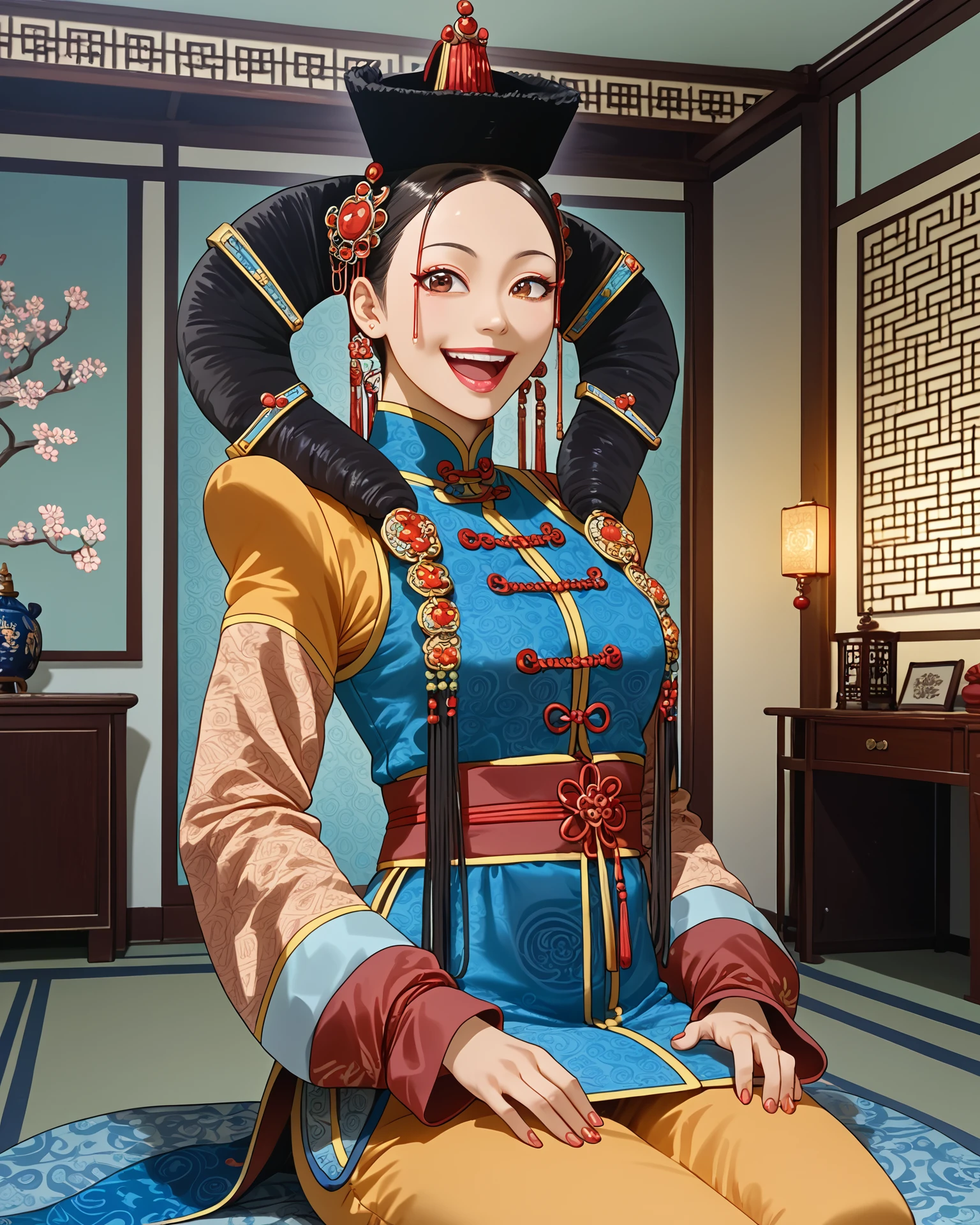 1girl, monfa, waist-up, happy, asian room interior, anicient chinese sitting room, masterpiece, highest quality, absurdres, digital art, very detailed, score_9, score_8_up, score_7_up, <lora:MongolianFashion_XL:1.1>,   <lora:[pony]Sunagawa Tara:1> sunagawa tara