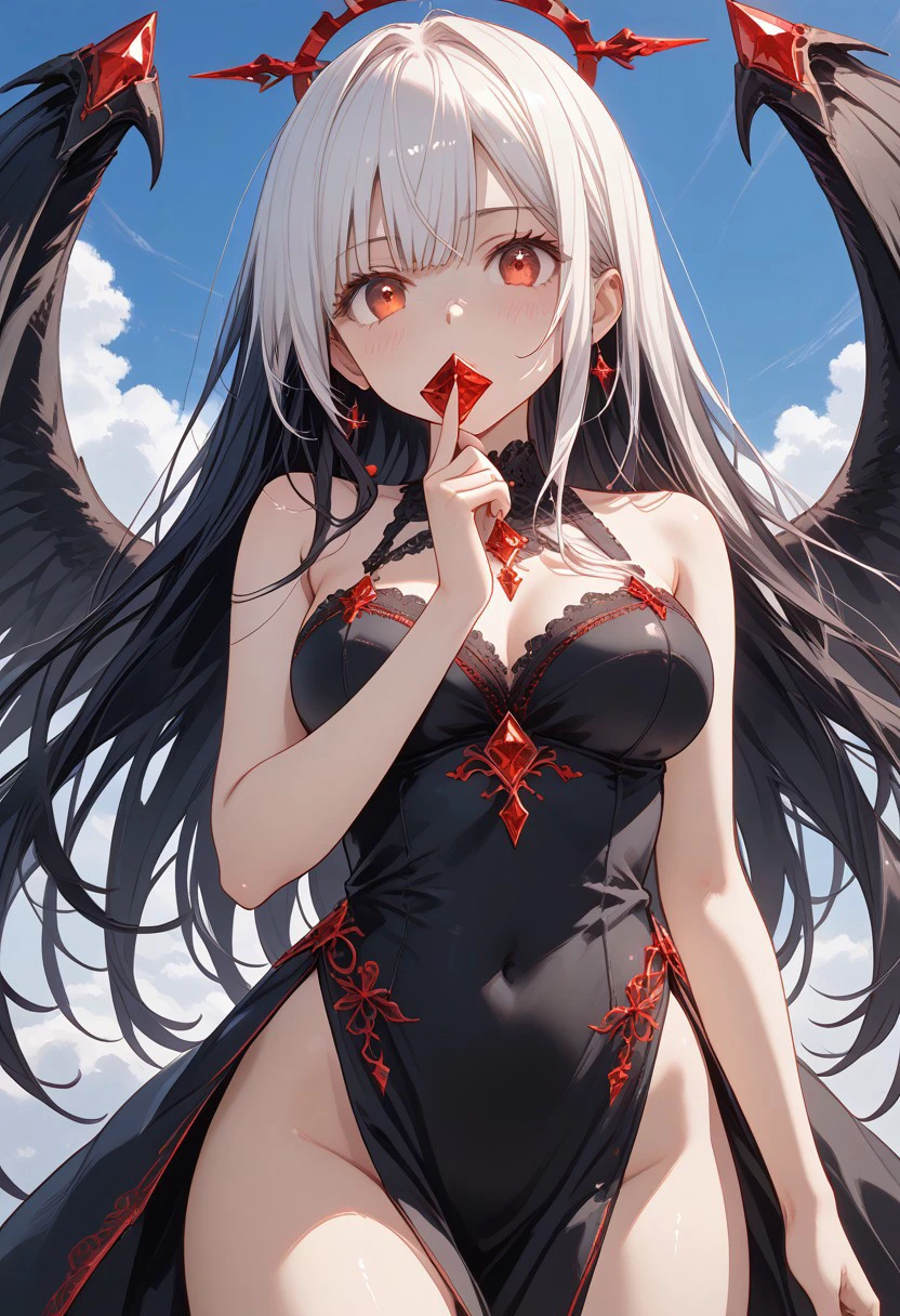 (Vizska Tachibana, perfect face, long hair, white Hair, black inner hair, multicolored black hair, expressive eyes, red eyes, red crystal eyes), perfect face, blushing, serious expression, perfect body, tall, white skin, big breasts, heaven, blue sky, daylight, wings, black wings, black dress, bare shoulders, flying, covered own mouth, The lighting creates dramatic shadows and highlights, adding depth to the artwork, The perspective is taken from the front so that the character's situation is more visible, (masterpiece, detailed:1.2), (High Resolution), (More Details), (8K), (High Resolution), Aesthetic style, (glitter), soft anime, intricate colors, vibrant colors, color detail, ((Anime illustration)), ((Incarnate detail)), ((Masterpiece)), ((Highest quality)), easynegative,