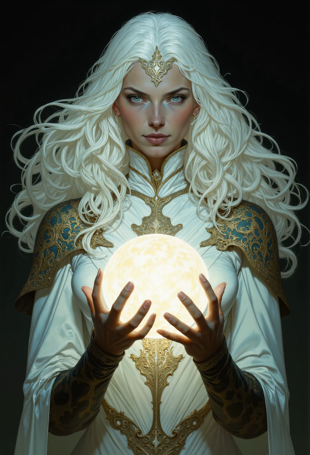 <lora:ck-painterly-fantasy-000017:1.0>, upper body portrait of a female with long white hair, she is holding a glowing orb, ethereal, whimsical