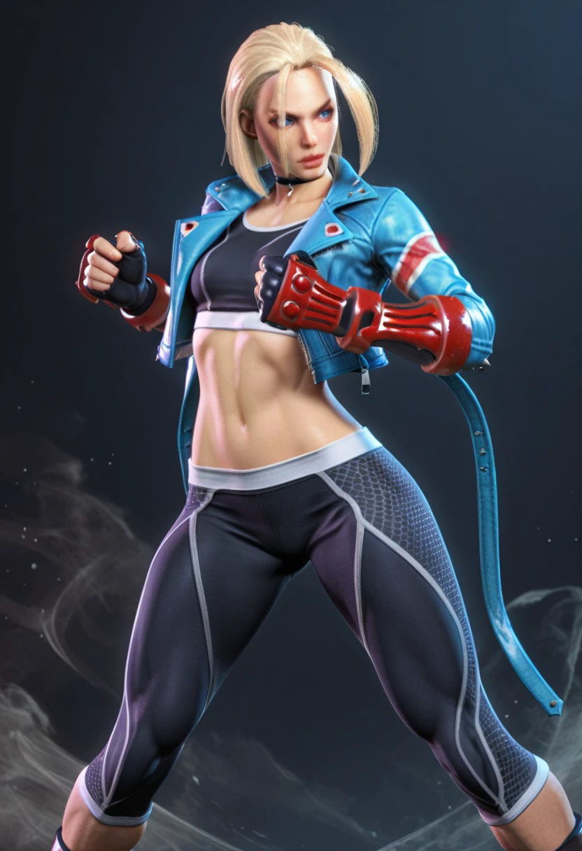 masterpiece, best quality, 32k, high resolution, absurdres, 3d, cammy white, sports bra, black sports bra, leggings, navel, fighting stance, open jacket, jacket, lips, vambraces, capri pants