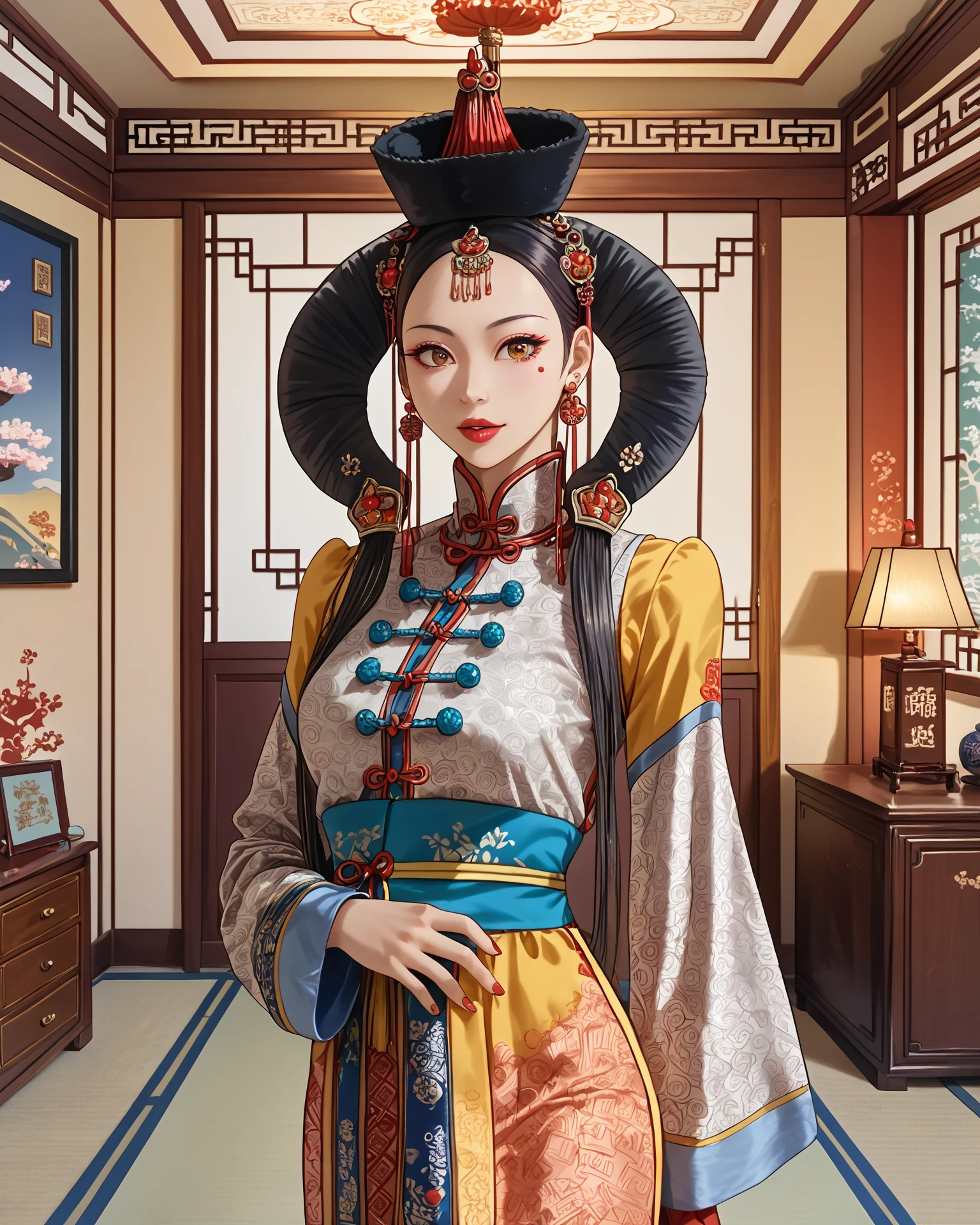 1girl, monfa, waist-up, asian room interior, anicient chinese living room, masterpiece, highest quality, absurdres, digital art, very detailed, score_9, score_8_up, score_7_up, <lora:MongolianFashion_XL:1.2>,   <lora:[pony]Sunagawa Tara:1> sunagawa tara, serene