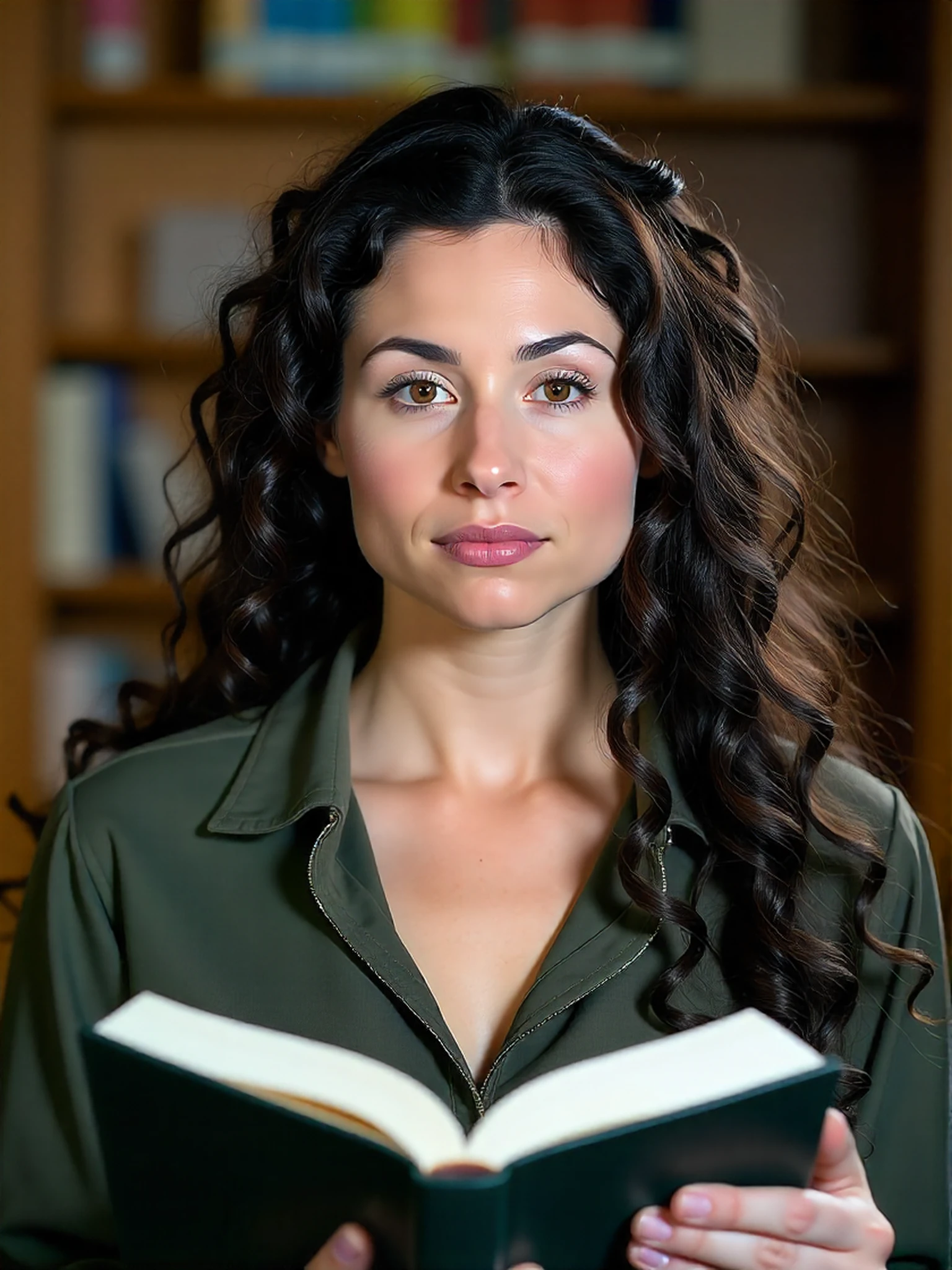 <lora:Minnie_Driver:1.1> woman, long dark curly hair, college student, studying at the library, she is looking up from her books and looking at the viewer as if to say "be quiet"., extreme close-up, zoomed, focus on face, centered, macro shot, face centered, focus on eyes, looking directly at the viewer, looking directly at the camera, making eye contact, looking straight ahead, modest clothes, modest apparel, chest covered, modesty <lora:zz_s_Chest_Size_Slider:-2>