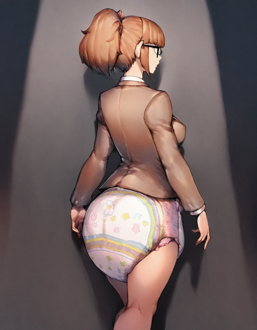 masterpiece, best quality, newest, 1girl, (diaper:1.2), facing-away, (fumio rsqkr:0.75), blazer, short-hair, small-breasts, spotlight, glasses, flower, ponytail, arms-at-sides, hair-spread-out