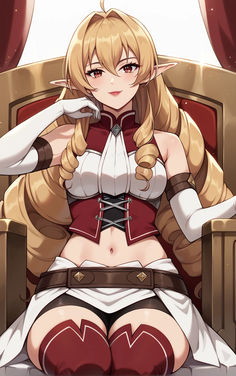 score_9, score_8_up, score_7_up, BREAK 
MainOutfit_ElinaliseDragonroad_ownwaifu, 
1girl, big hair, blonde hair, breasts, drill hair, elf, hair between eyes, long hair, makeup, pointy ears, red eyes, red lips, bangs, hair intakes, medium breasts, braid, lipstick, 
black shorts, brown belt, detached sleeves, open skirt, red corset, red pantyhose, sleeveless turtleneck, thigh boots, turtleneck, white skirt, bare shoulders, midriff, navel, shorts, armor, gloves, thighhighs, short shorts, bike shorts, pantyhose, red thighhighs, sleeveless, white dress, belt, elbow gloves, long sleeves, skirt, white shirt, 
(sitting on throne, sitting, throne), throne room, straight-on, curtains, light particles, bokeh, loaded interior, indoors, <lora:PONYXL_MushokuTensei_ElinaliseDragonroad_ownwaifu:0.75>, solo,