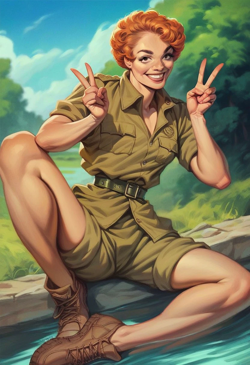 score_9_up, score_8_up, score_7_up, score_6_up, 1girl, solo, short orange hair, military uniform, belt, brown shorts, brown footwear, peace sign, outdoors, in an army camp, sweet smile, looking at viewer, (realistic), (painted art)