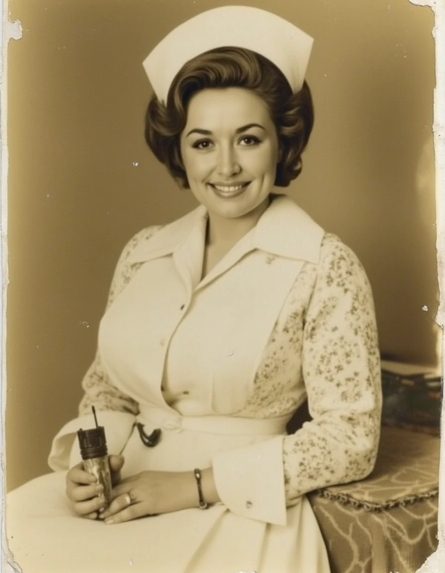 <lora:dolly-parton-flux:1> woman dressed as a nurse from the 1950s old polaroid faded yellowing