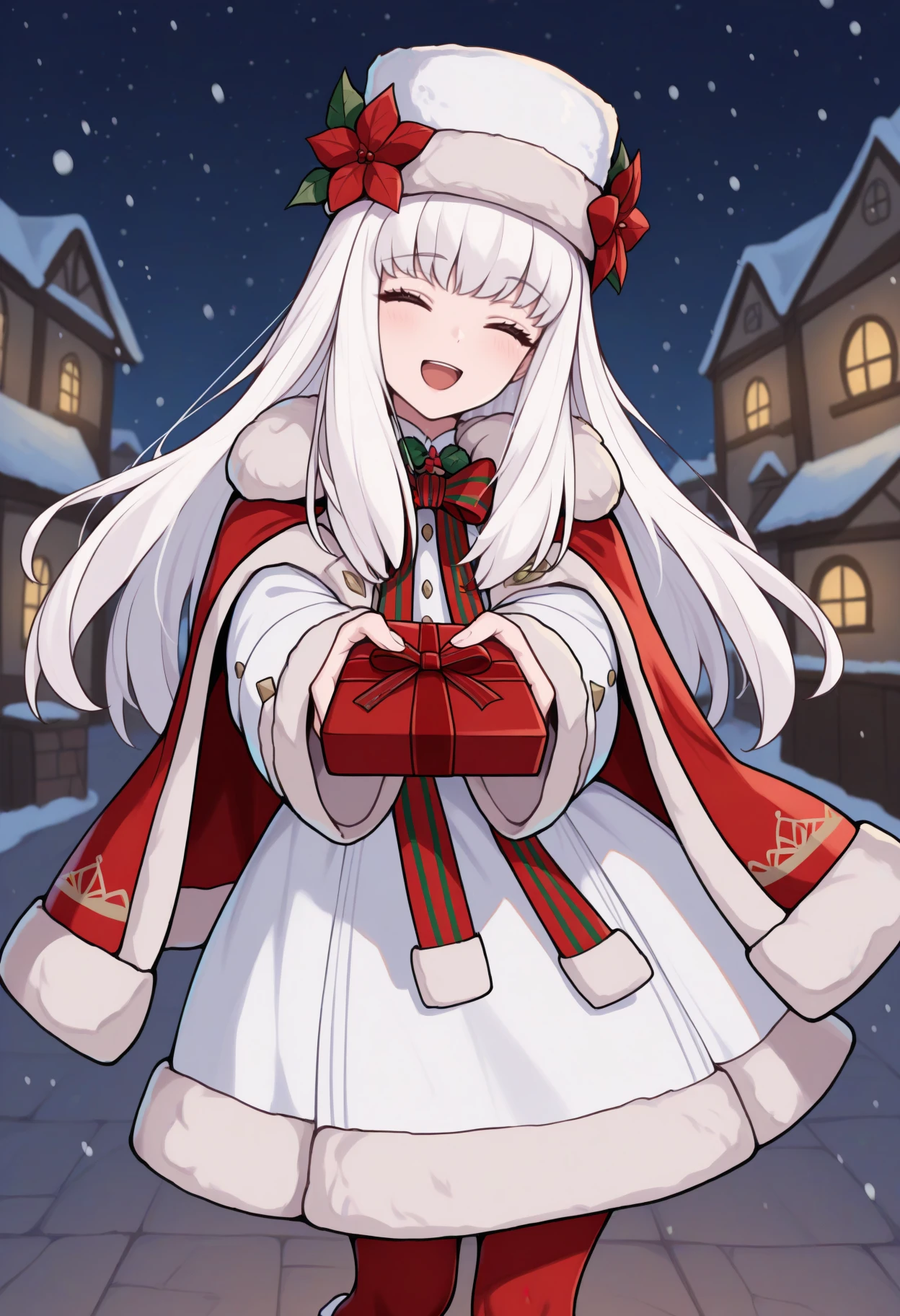 masterpiece, best quality, solo, 1girl, lytwinter, :d, looking at viewer, incoming gift, long hair, white hair, white headwear, fur-trimmed headwear, hat flower, red flower, closed eyes, fur trim, red cape, fur-trimmed cape, white dress, red bowtie, striped bowtie, long sleeves, fur-trimmed sleeves, red pantyhose, outdoors, night, starry sky, snowing, town
<segment:yolo-Anzhc Face seg 640 v2 y8n.pt,0.4,0.5//cid=1>