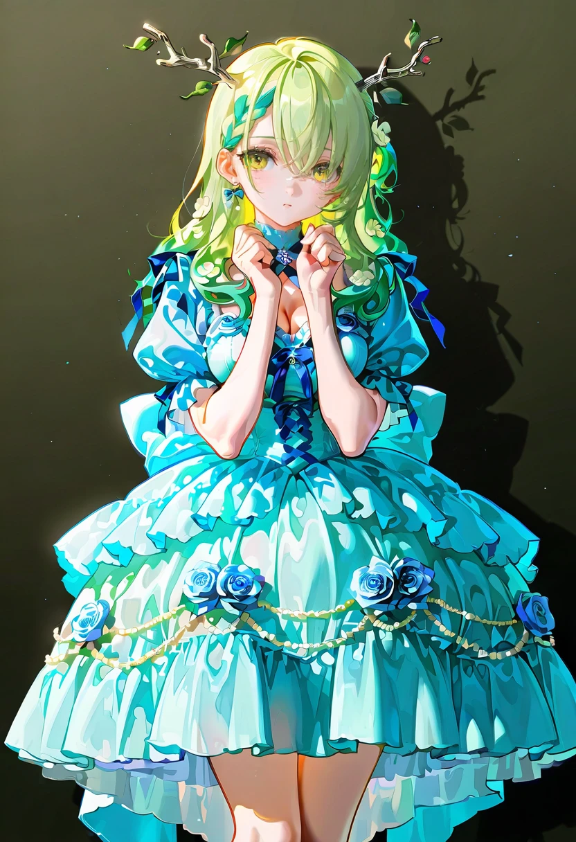 1girl,solo,looking at viewer,ikeda ruriko,sweet rose dress,short sleeves, frills, puffy sleeves, blue dress, ceres_fauna