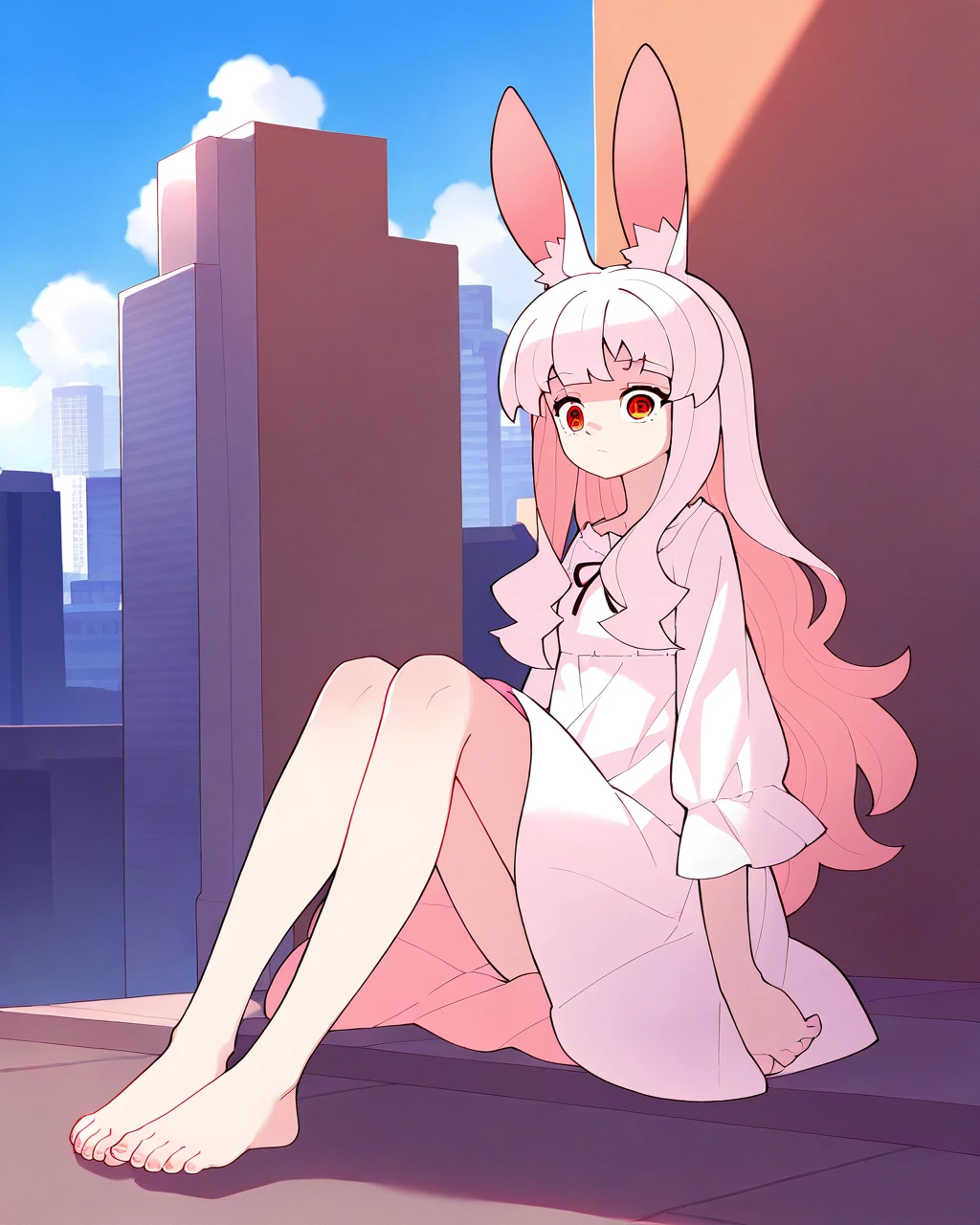 masterpiece, best quality, tsubasachyan, 1girl, solo, mrgrl, rabbit ears, white hair, white dress, expressionless, wide-eyed, sitting, full body, barefoot, city, day 