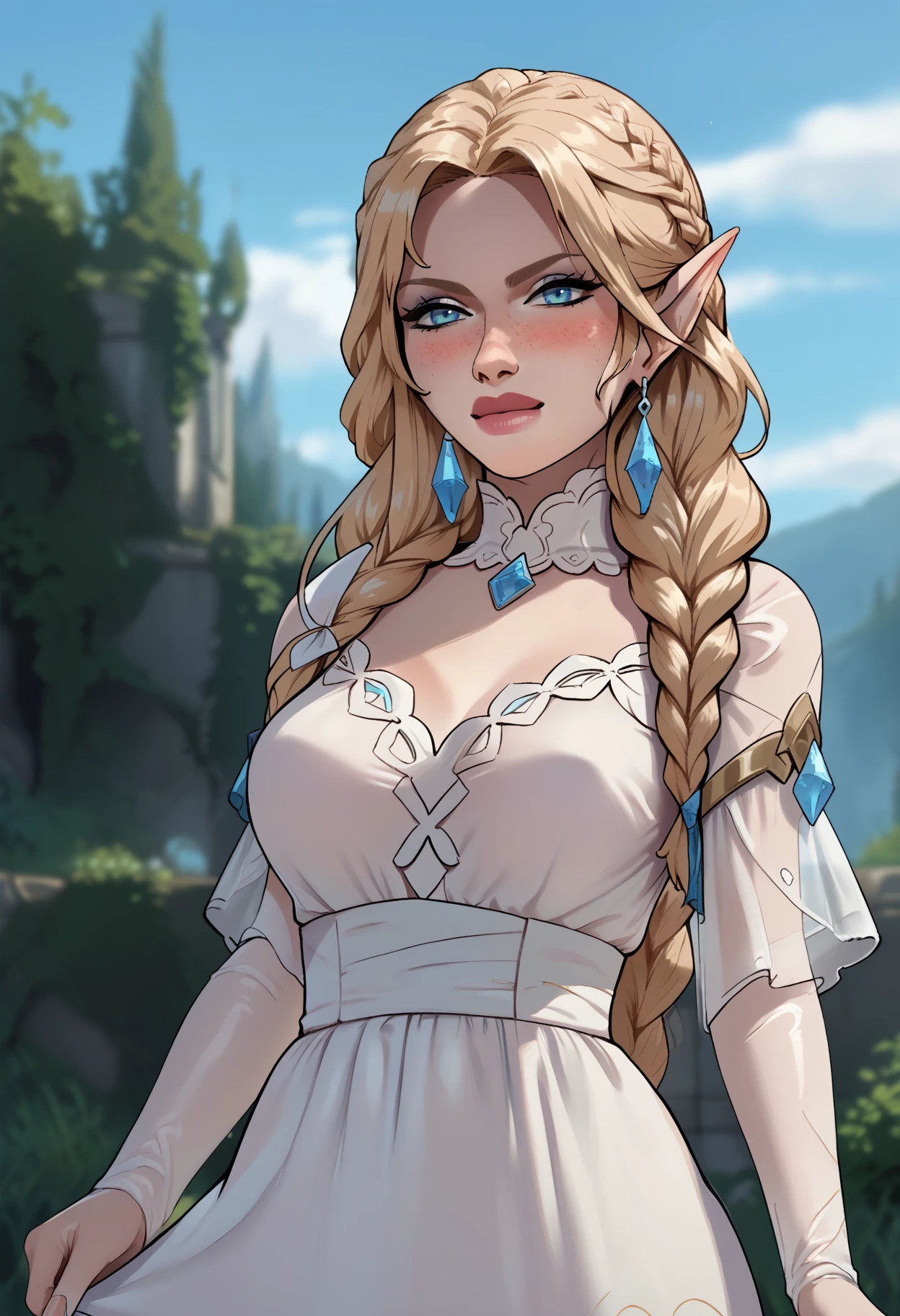 score_9, score_8_up, score_7_up, score_6_up, score_5_up, <lora:NM_xinaelle:1>, BREAK 1girl, solo, blue eyes, blonde hair, braid, pointy ears, long hair, lips, breasts, medium breasts,  blush, dress, jewelry, earrings, white dress, looking at viewer, outdoors