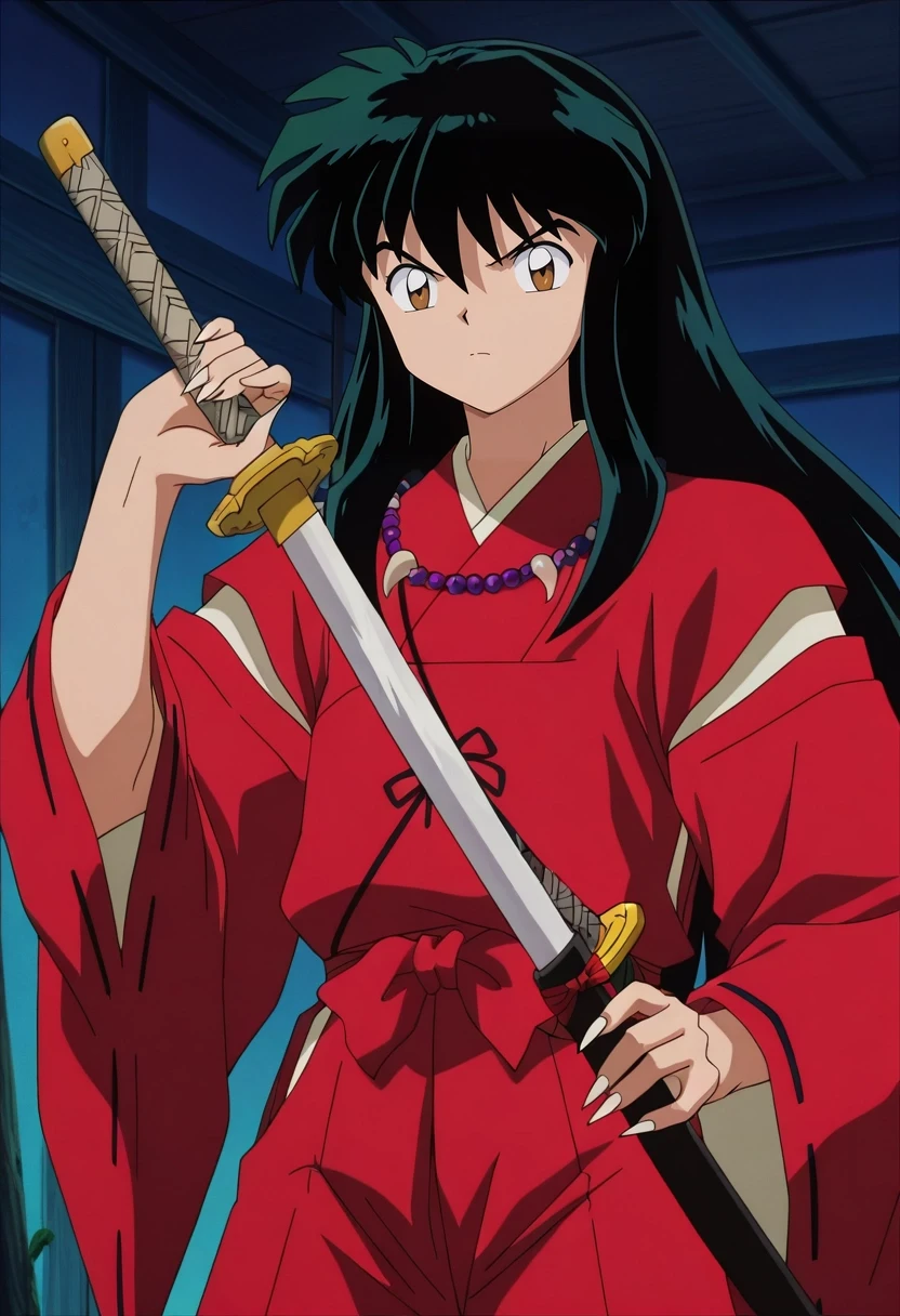 masterpiece, best quality, , anime screencap, , , , , 1boy, solo, male focus, <lora:inuyasha_ilxl:0.96>, inuyasha, black hair, brown eyes, long hair, , weapon, sword, katana, , red kimono, fingernails, sharp fingernails, ,