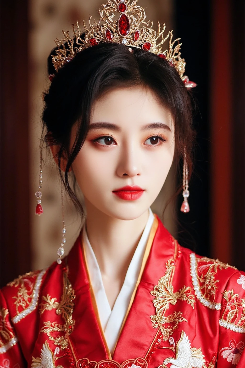 The image depicts a young asian woman adorned in traditional Chinese attire, featuring a striking red robe with intricate white crane and floral embroidery, symbolizing elegance and nobility. she wears an elaborate gold crown with red and white gemstones, along with cascading ornamental chains and hair accessories. her makeup emphasizes a pale complexion with a dramatic touch, including a faint scar or mark near her lips, adding a sense of mystery or drama. The overall mood conveys grace, power, and an enigmatic allure, likely representing a historical or mythical character.,<lora:flux_realism_lora:1>, . <lora:makinaflux_jujingyi_v1.0:1>