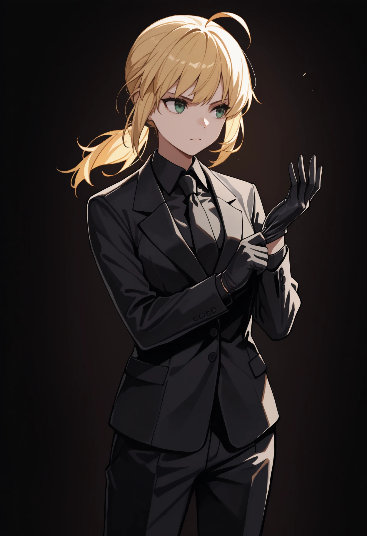 masterpiece, best quality, solo, 1girl, sbrzr, serious, looking to the side, standing, adjusting gloves, long hair, blonde hair, ahoge, ponytail, green eyes, formal, pant suit, black jacket, long sleeves, black shirt, collared shirt, black necktie, black gloves, black pants, dark background
<segment:yolo-Anzhc Face seg 640 v2 y8n.pt,0.4,0.5//cid=1>