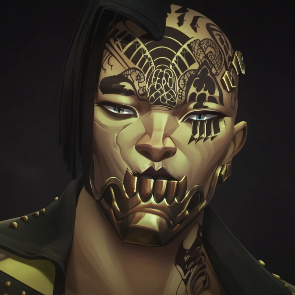 f1nnch3mb4r0n,finnchembaron,finn chem baron, solo, looking at viewer, short hair, blue eyes, black hair, 1boy, jacket, male focus, teeth, black eyes, black jacket, tattoo, mask, black background, portrait, mouth mask, animification, dreadlocks ,/(league of legends arcane/)