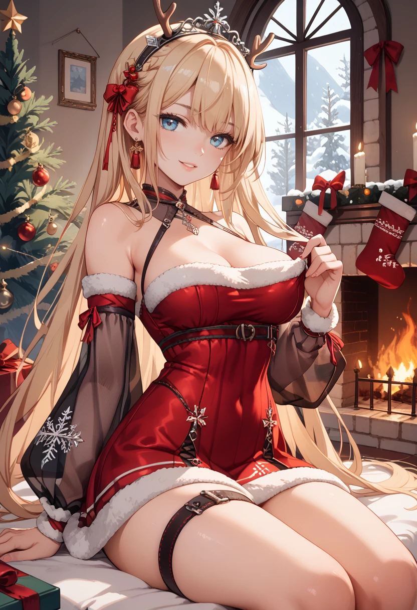 score_9, score_8_up, score_7_up,
1girl, red dress,  detached sleeves, thigh strap, single thigh-high, breast,long hair,seductive smile, 
Sitting with poise, shoulders back and head held high, she exudes authority and grace, a true vision of royalty ,
a cozy christmas room with a glowing tree, warm fireplace, and snowy window, soft candlelight and festive decor, peaceful holiday vibe.
 <lora:SantaEve:0.8>