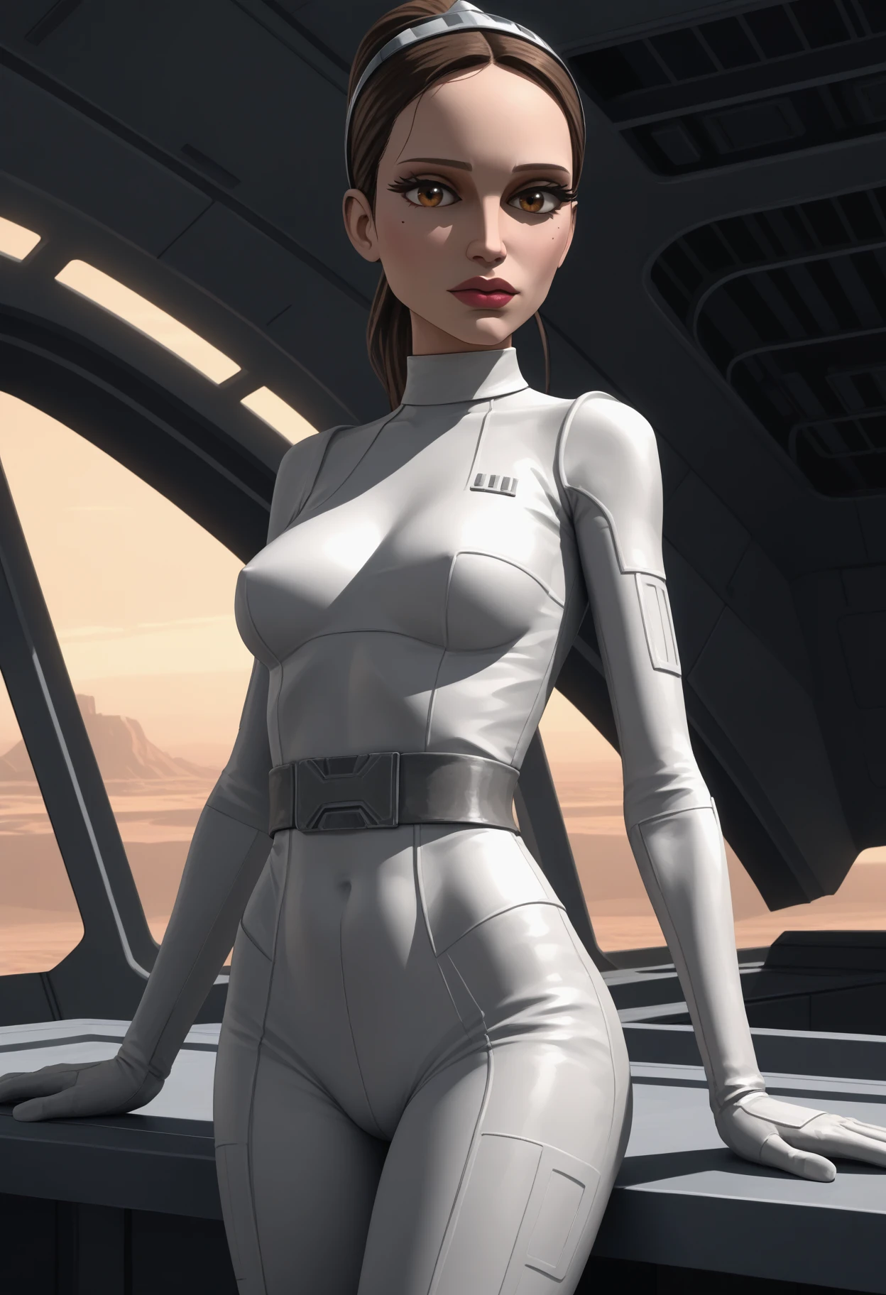 score_9, score_8_up, score_7_up, score_6_up, score_5_up, <lora:NM_padme_swcw:1>, BREAK NM_padme_swcw, 1girl, solo, brown eyes, black hair, long hair,  ponytail, lips, breasts, mole under eye, mole, makeup,  lipstick, bodysuit, white bodysuit, slim waist, wide hips, ass, looking at viewer, BREAK spaceship background, in space, future, star wars, looking at viewer,