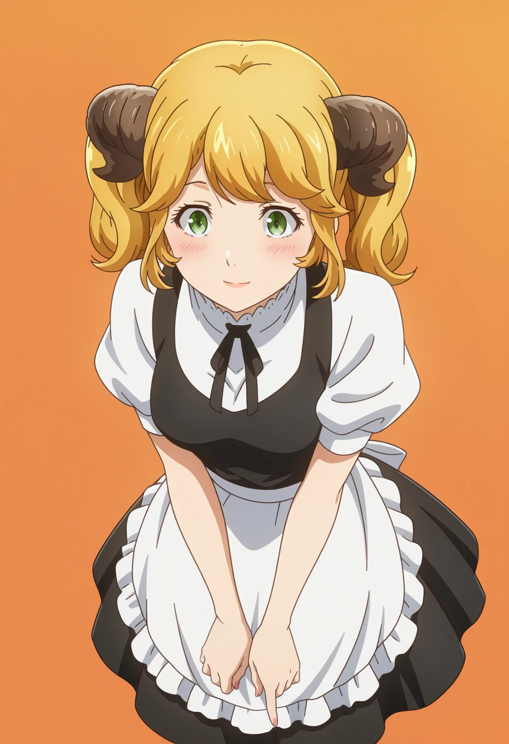 masterpiece, best quality, amazing quality, anime coloring, anime screencap, solo, 1girl,  <lora:DX888AlettaIL:1>aletta, twintails, green eyes, blonde hair, twintails, horns, black dress, puffy sleeves, white shirt, black ribbon, waist apron, maid,  light smile, blush   BREAK (simple background:1.2),  orange  background pastel background,    index finger raised, from above,