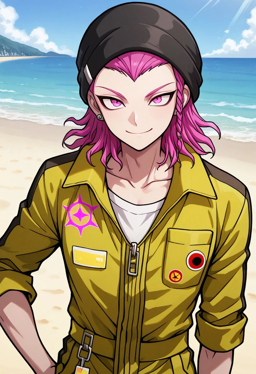 masterpiece, best quality, 
weslie, 1boy, male focus, solo, pink eyes, pink hair, medium hair, braid, side braid, bangs, hat, black hat, beanie, jewelry, earrings, collarbone, jumpsuit, yellow jumpsuit, shirt, white shirt, sleeves rolled up,smile, 
outdoor, sky, beach,