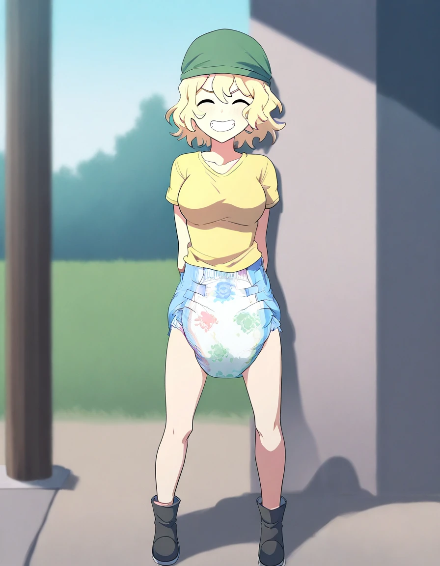 masterpiece, best quality, newest, absurdres, highres, 1girl, (diaper:1.2), (cato monocatienus:0.9), re-ghotion, facing viewer, full-body, yellow shirt, breasts, green hat, short hair, blonde hair, wavy hair, grin, hands behind back, outside, sunny day