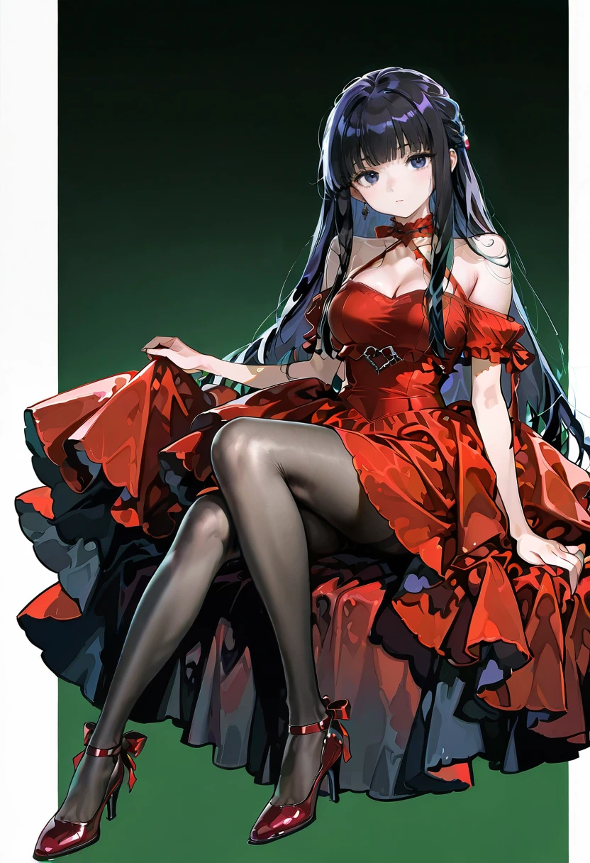 1girl,solo,looking at viewer,ikeda ruriko,red dress, bare shoulders,high heels,black pantyhose,fern_(sousou_no_frieren)