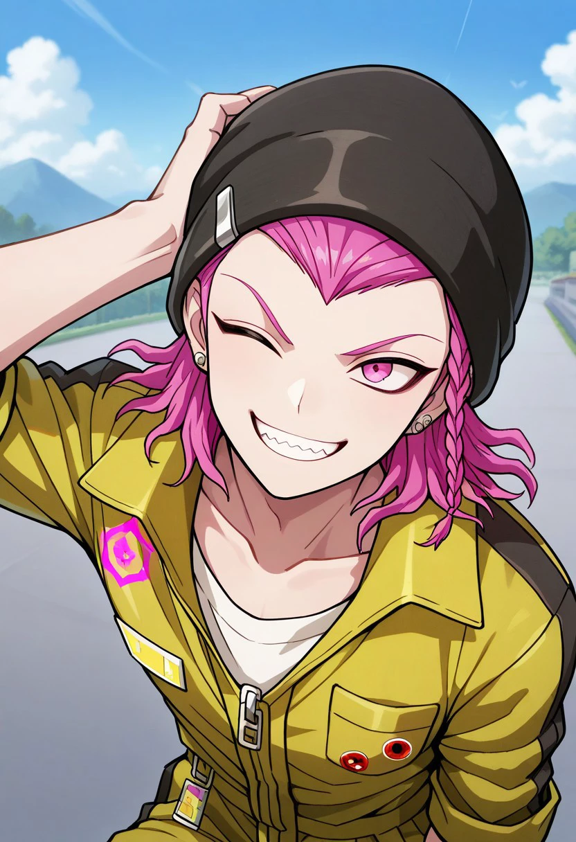 masterpiece, best quality, 
weslie, 1boy, male focus, solo, pink eyes, pink hair, medium hair, braid, side braid, bangs, hat, black hat, beanie, jewelry, earrings, collarbone, jumpsuit, yellow jumpsuit, shirt, white shirt, sleeves rolled up,smile, grin, one eye closed, 
outdoor, sky,