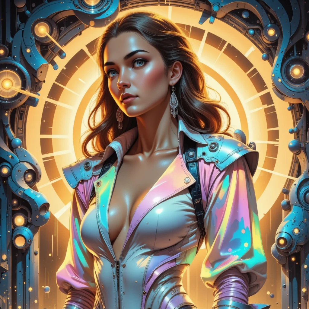 A dynamic young woman named Clra with long, wavy, dark-blue hair stands confidently in a vibrant, futuristic setting. Her light-peach complexion complements her full lips and expressive eyes, which gaze slightly to her right, exuding a thoughtful yet confident demeanor. Her attire blends contemporary and futuristic elements: a form-fitting, pastel-white leotard accentuated by an iridescent, holographic multicolored jacket. The jacket shimmers with a mesmerizing blend of blues, purples, greens, and pinks, creating a captivating visual effect. Small, detailed metallic earrings add a subtle touch of elegance. The background features swirling, circular patterns in gold and various shades of blue, enhanced by shimmering metallic structures that evoke a surreal, cyberpunk atmosphere. The dramatic lighting highlights her features and the iridescent quality of her clothing, while the mid-range perspective captures her dynamic pose within a carefully balanced composition. The circular golden and blue patterns frame her as the focal point against an abstract, boundless space. The overall mood is captivating, sophisticated, and futuristic, blending fashion design and art with a sense of wonder and boundless energy.