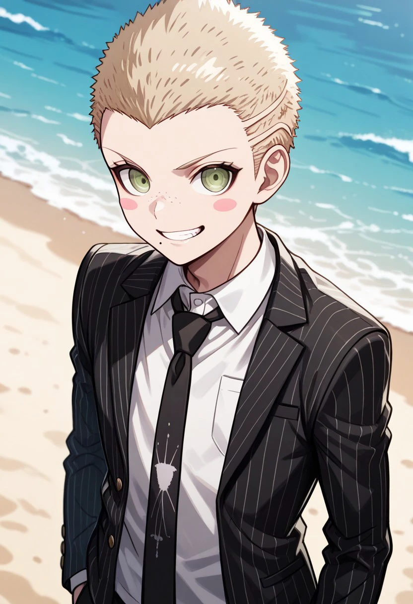 masterpiece, best quality, 
Fuyuhiko, 1boy, male focus, solo, green eyes, blonde hair, very short hair, blush stickers, freckles, mole, mole under mouth, formal, shirt, white shirt, collared shirt, necktie, black necktie, jacket, black jacket, open jacket, open clothes, striped jacket, stripes, vertical stripes, smile, teeth,
outdoor, beach,