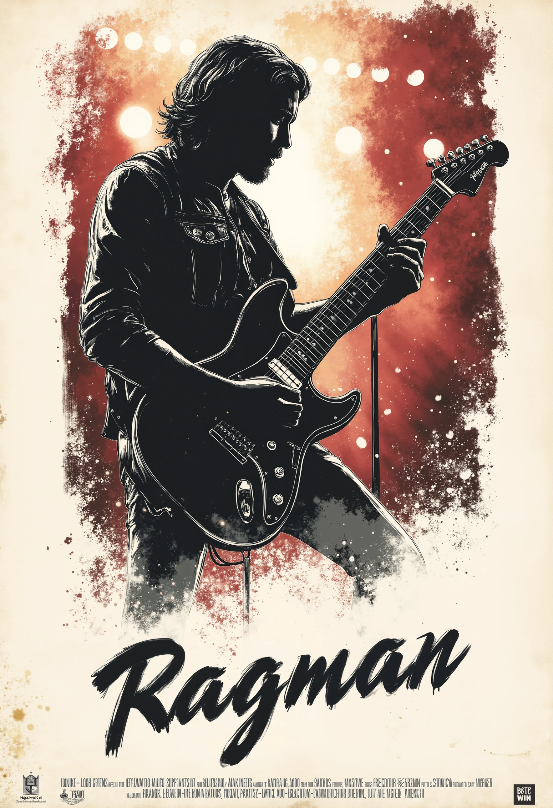 pst010, Poster for the music film "Ragman". Uses heavy metal font and ink painting style, featuring a rock musician with a guitar, set against a stage backdrop with spotlights. The silhouette is made of heavy metal script text. Minimalist design with bold, contrasting colors creates a powerful atmosphere. Large text area for title, author, and date, with the artist's signature in the bottom corner. Blends minimalist art, simple brush strokes, and modern graphic design