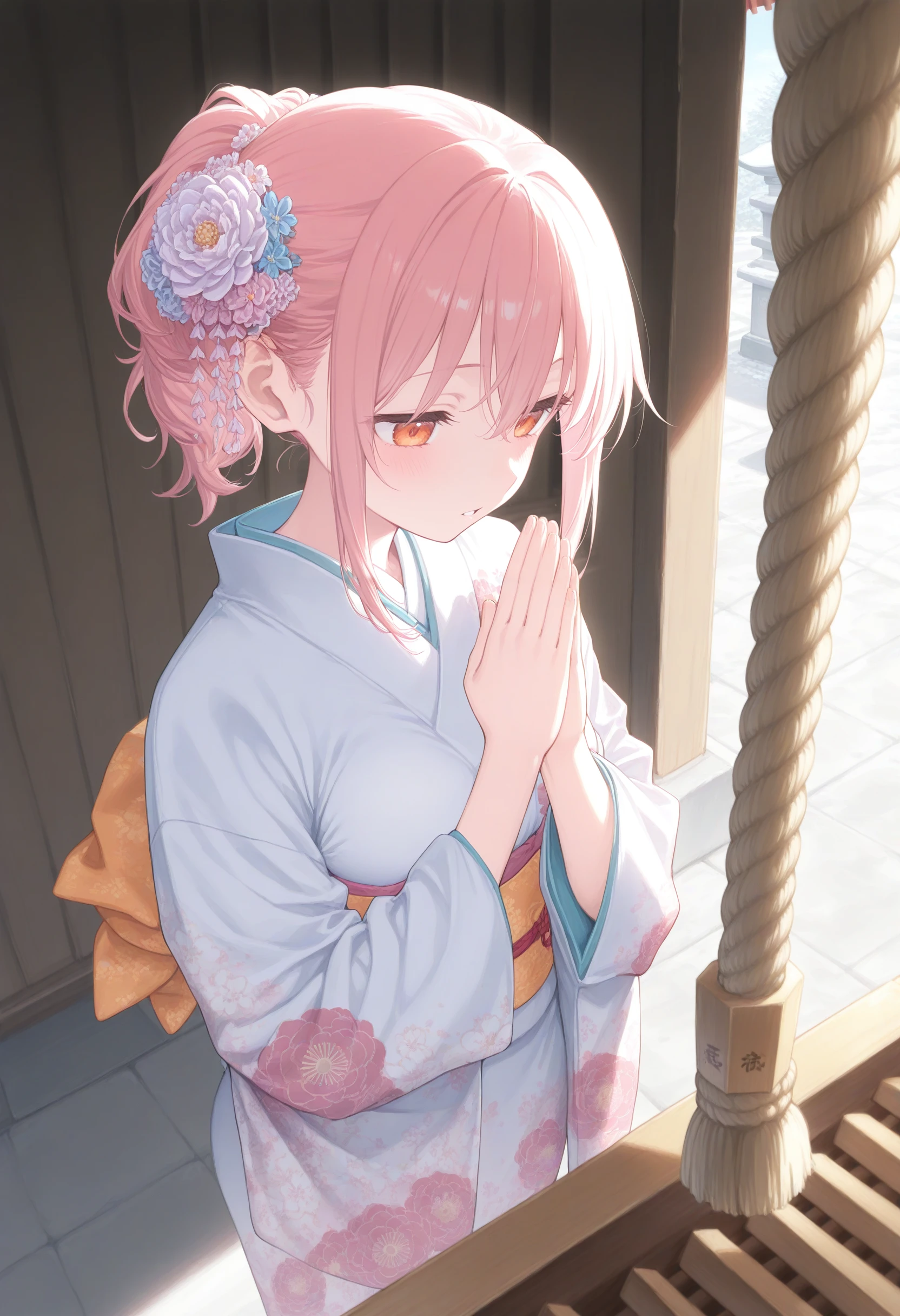 1girl,(sho \(sho lwlw\):0.7),(toosaka asagi:0.5),(sincos:0.3),solo,
masterpiece, best quality, newest, absurdres, CG, anime, source anime, illustration,
medium breasts,
hrine bell, japanese clothes, kimono, hair flower, print kimono, furisode, rope, outdoors, shrine, standing, new year, shimenawa, hatsumoude, donation box,
own hands together, praying, hands up, palms together, <lora:shrinebell_Illust_v1:0.8>
from behind, fisheye lens, looking down, pink hair, orange eyes,gloom \(expression\), settlement, parted lips, ponytail hair,,