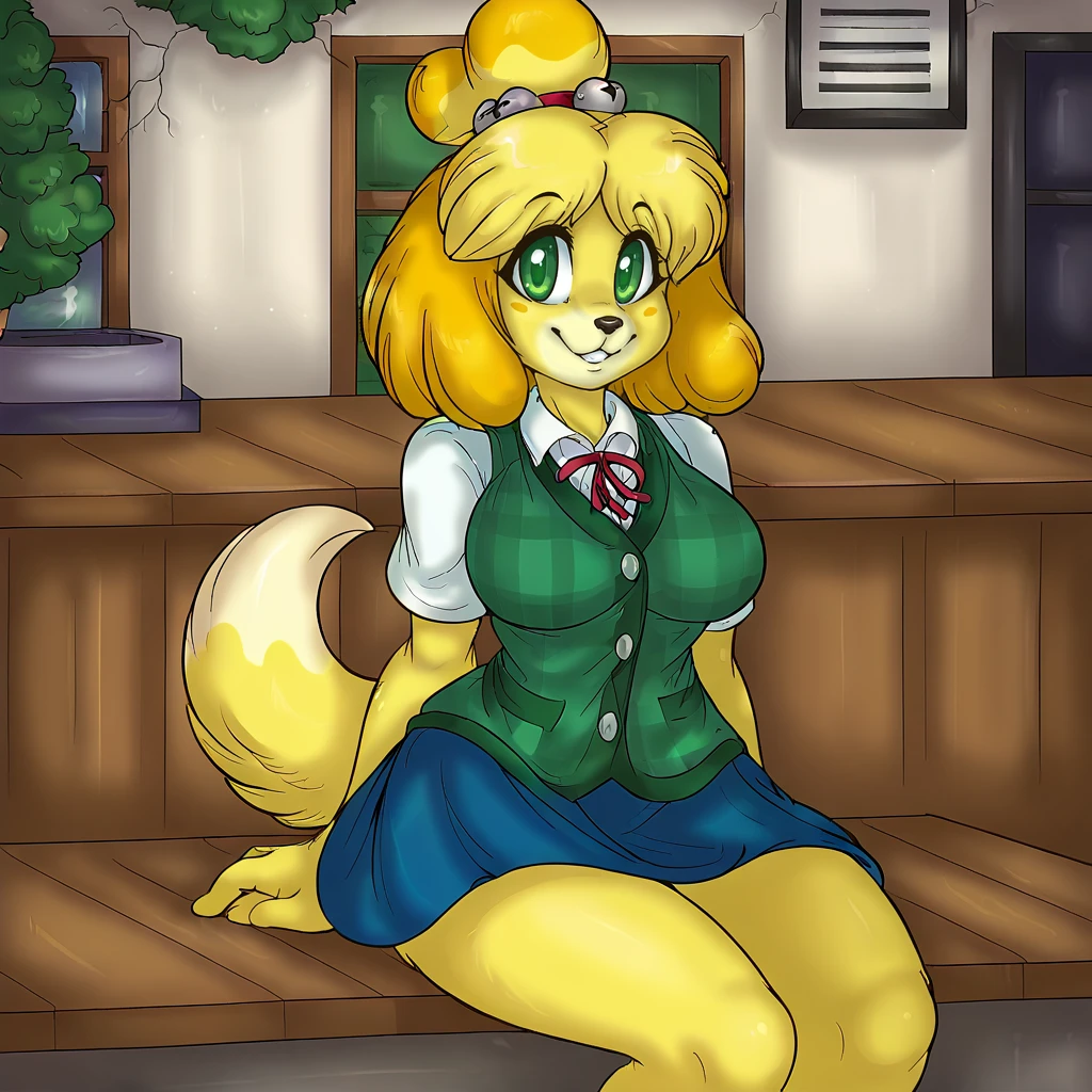 score_9, score_7_up, solo, looking at viewer, 1girls, cowboy shot, city hall background, sitting, wooden, indoors, isabelle \(animal crossing\), green vest, plaid vest, leaf print vest, green eyes, plump body, breasts, furry, yellow skin, white undershirt, blue skirt, tail, smiling, <lora:Akuoreo:1> akuoreo
