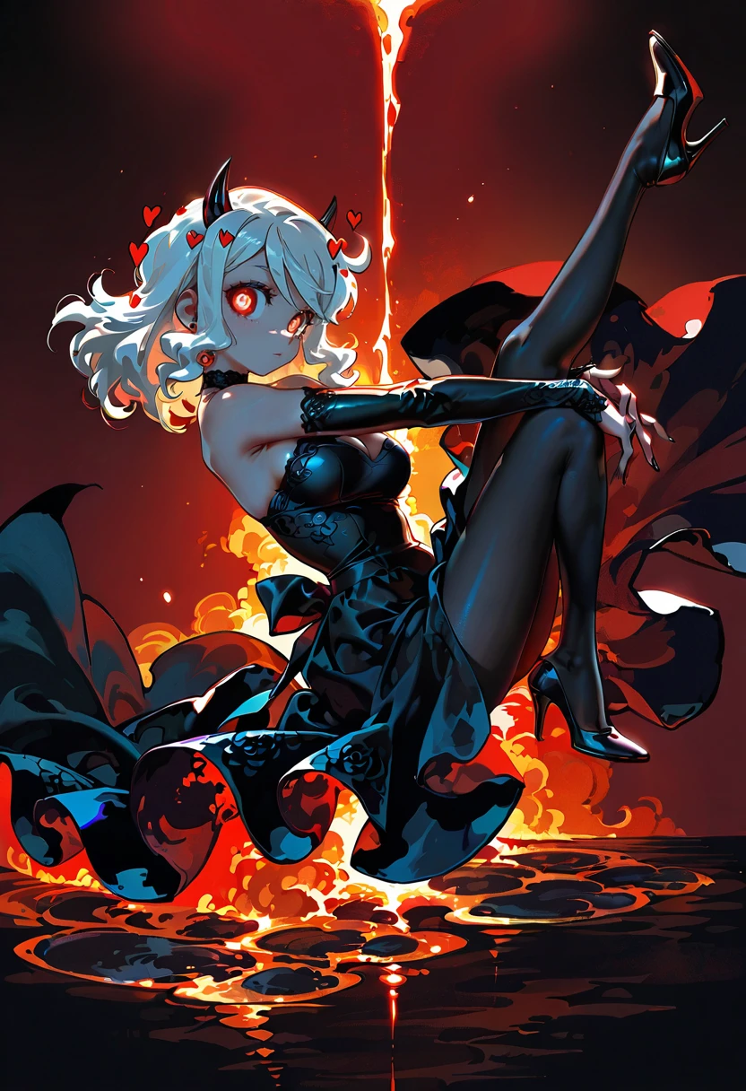 1girl,solo,looking at viewer,ikeda ruriko, lava gown, black dress, modeus_(helltaker),high heels,